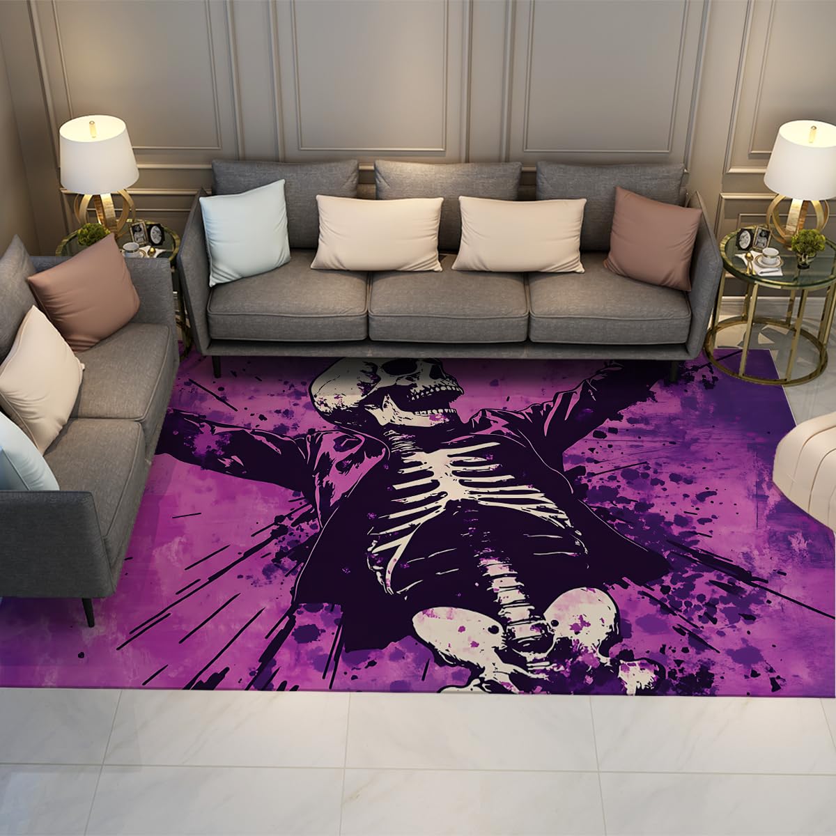 Tapis de salon crâne graffiti 90x150cm : confort lavable et look hip-hop unique