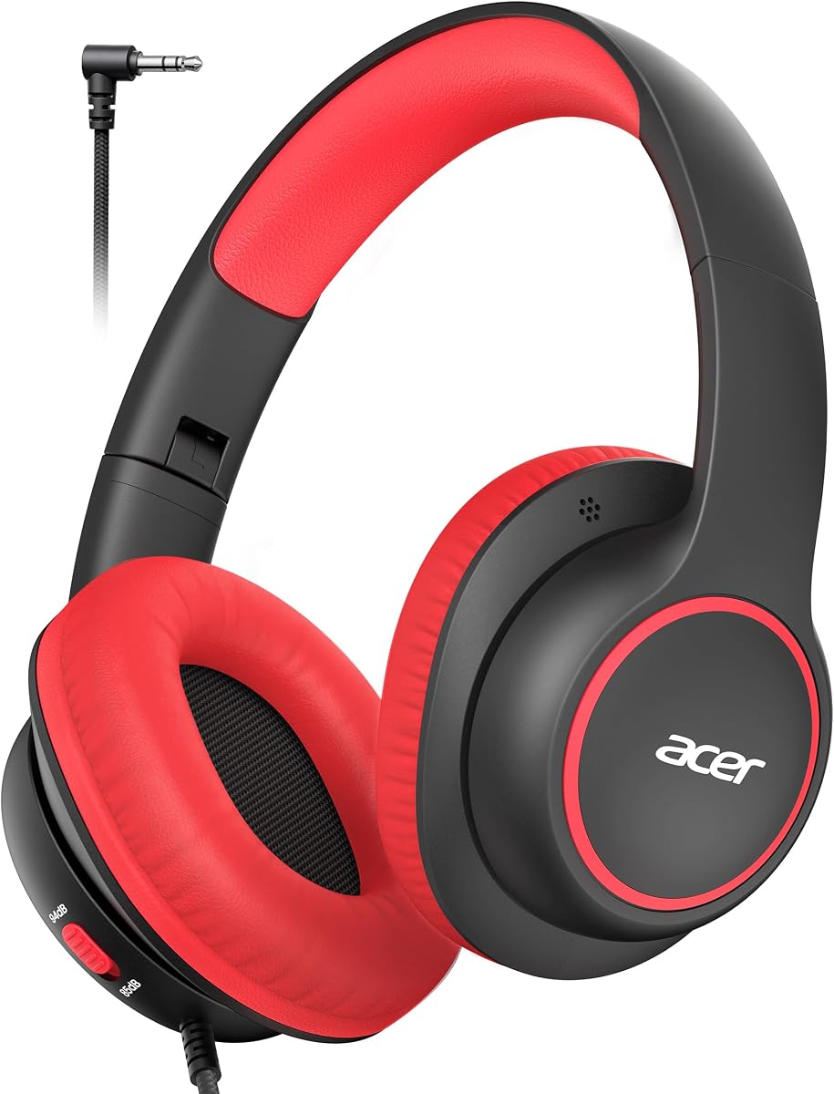 OHW328 Kids Headphones Wired for School - Over Ear Design | 85/94dB Safe Volume, 3.5mm Jack Foldable Headphones for Kids Boys Girls Classroom Yoto Player Chromebook Travel Black Red
