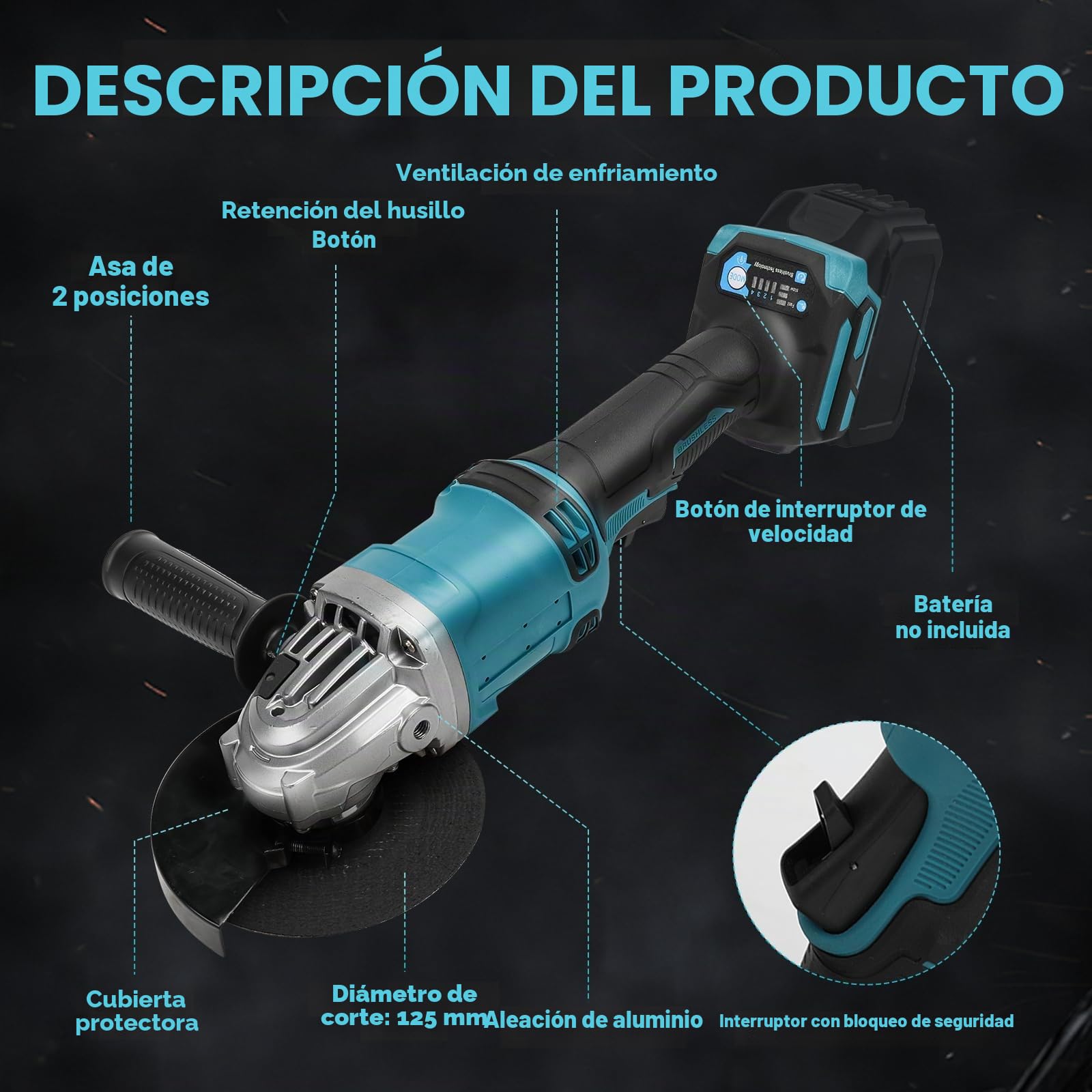 Amoladora angular inalámbrica para batería Makita de 18 V/20 V (sin batería), herramienta de amoladora sin escobillas de 10000 RPM con cuchillas de molienda de 125 mm para cortar, moler, pulir