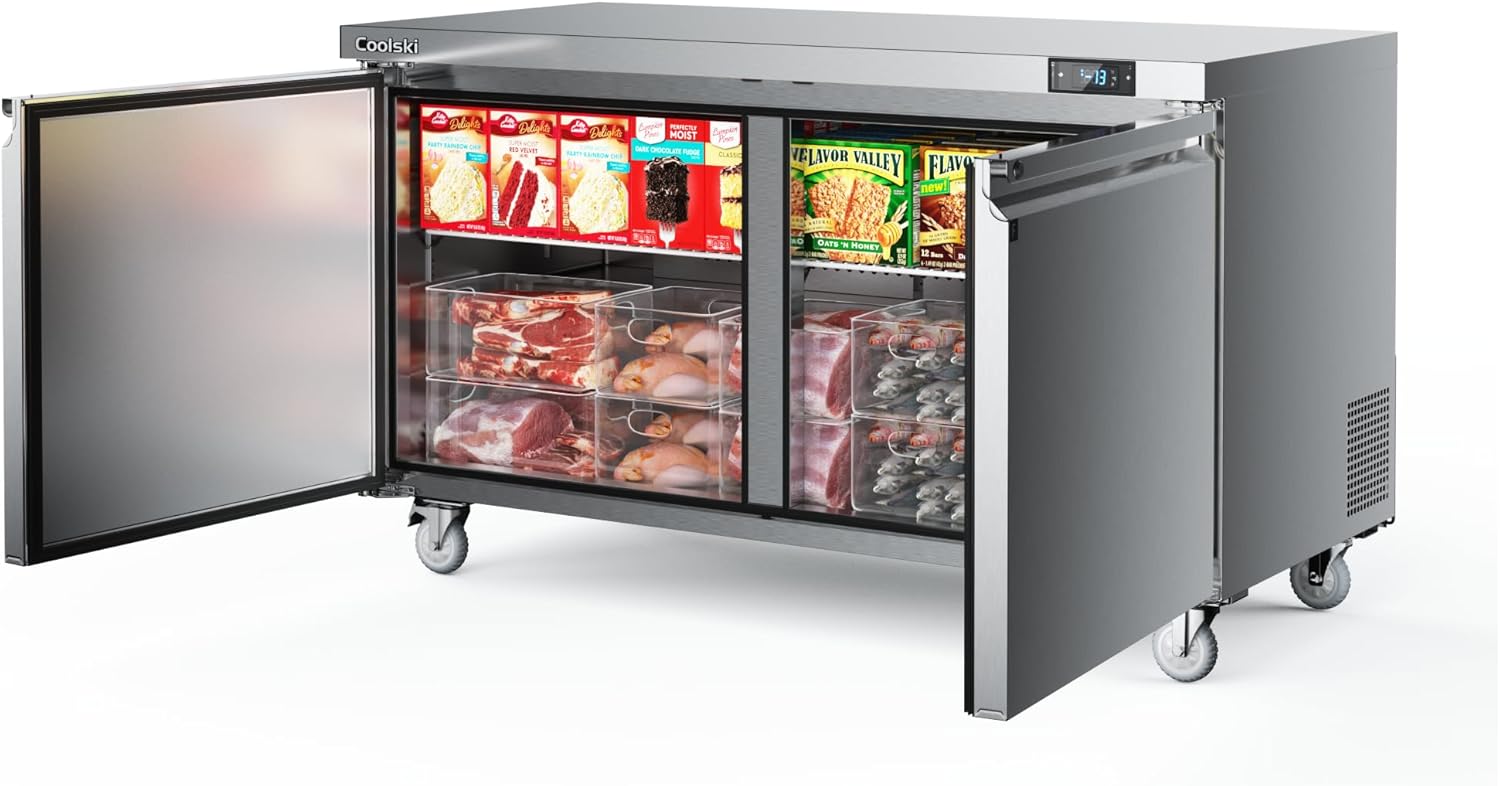 Coolski Commercial Freezer, 60”W Double Door Under Counter Freezer with 17.6 Cu.ft., -13℉to -5℉ Stainless Steel Fan Cooling Worktop Freezer for Restaurant, Bar, Kitchen, Food Truck