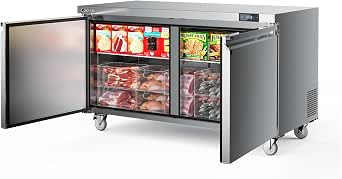 Coolski Commercial Freezer, 60”W Double Door Under Counter Freezer with 17.6 Cu.ft., -13℉ to -5℉ Stainless Steel Worktop for Restaurant, Bar, Kitchen, Food Truck