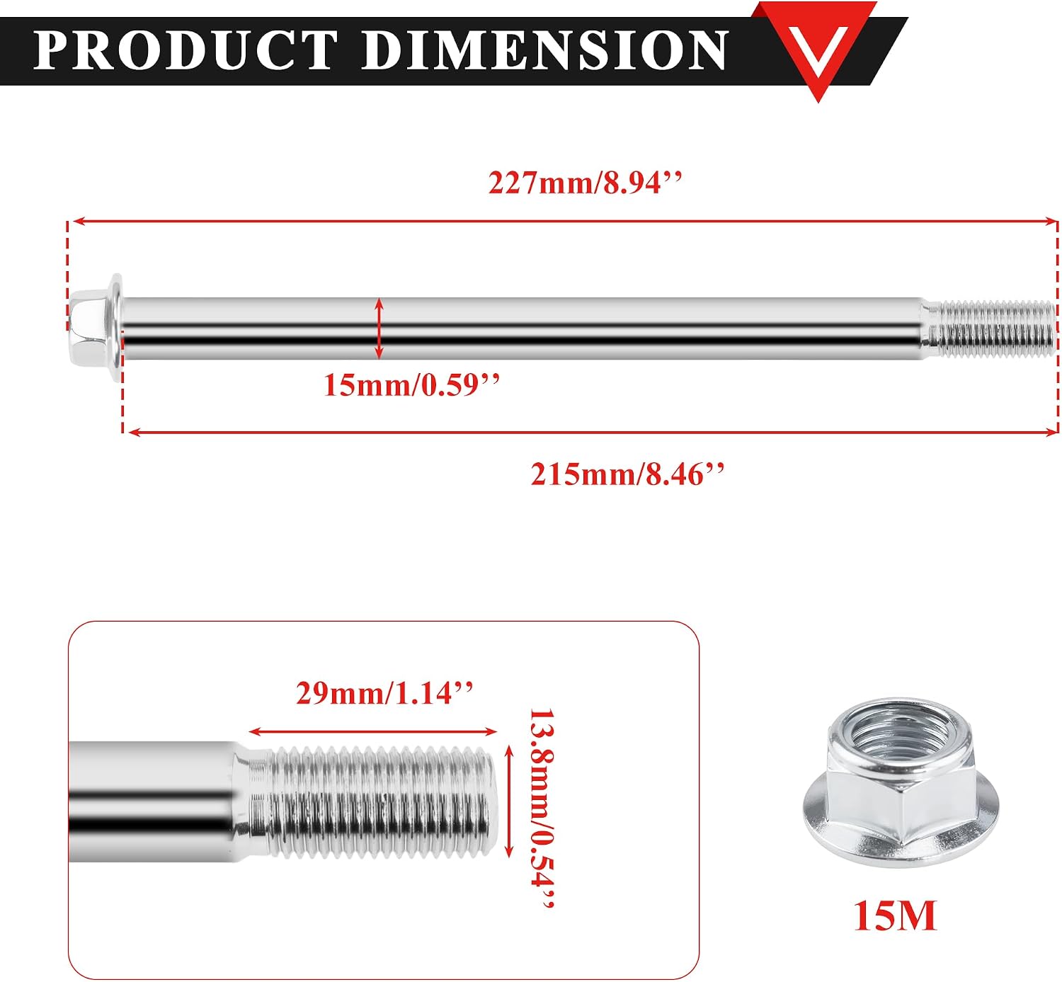 PRO BAT 15mm x 215mm/8.46" Pit Bike Wheel Axle Spindle for Dirt Monkey Motorcycle SDG Bolt Nut