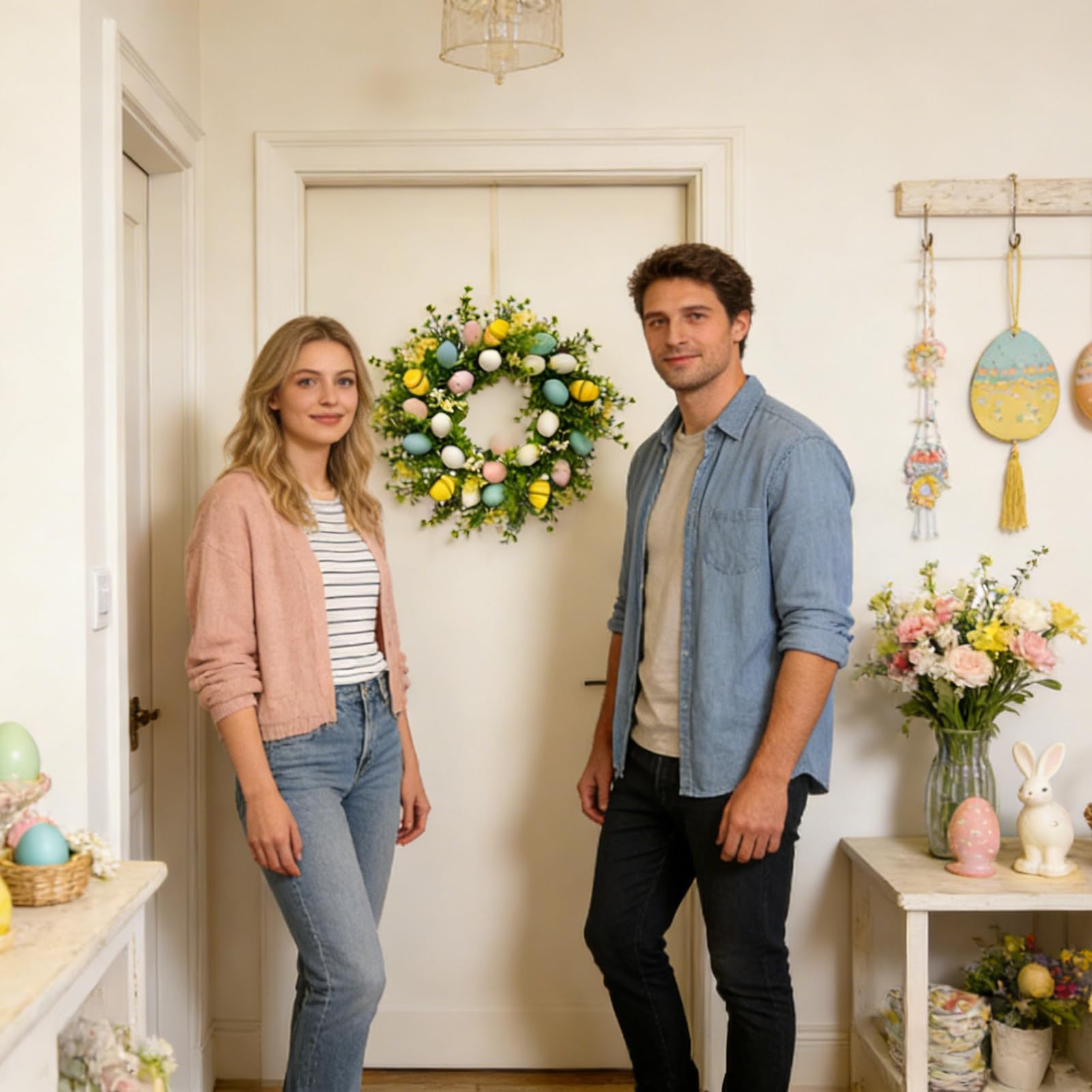 Frühlingskranz - Ostereier Laub Dekoration | 50 cm Türkranz für Frühling | Für Wand Tür Fenster Eingang Wohnzimmer Und Außen