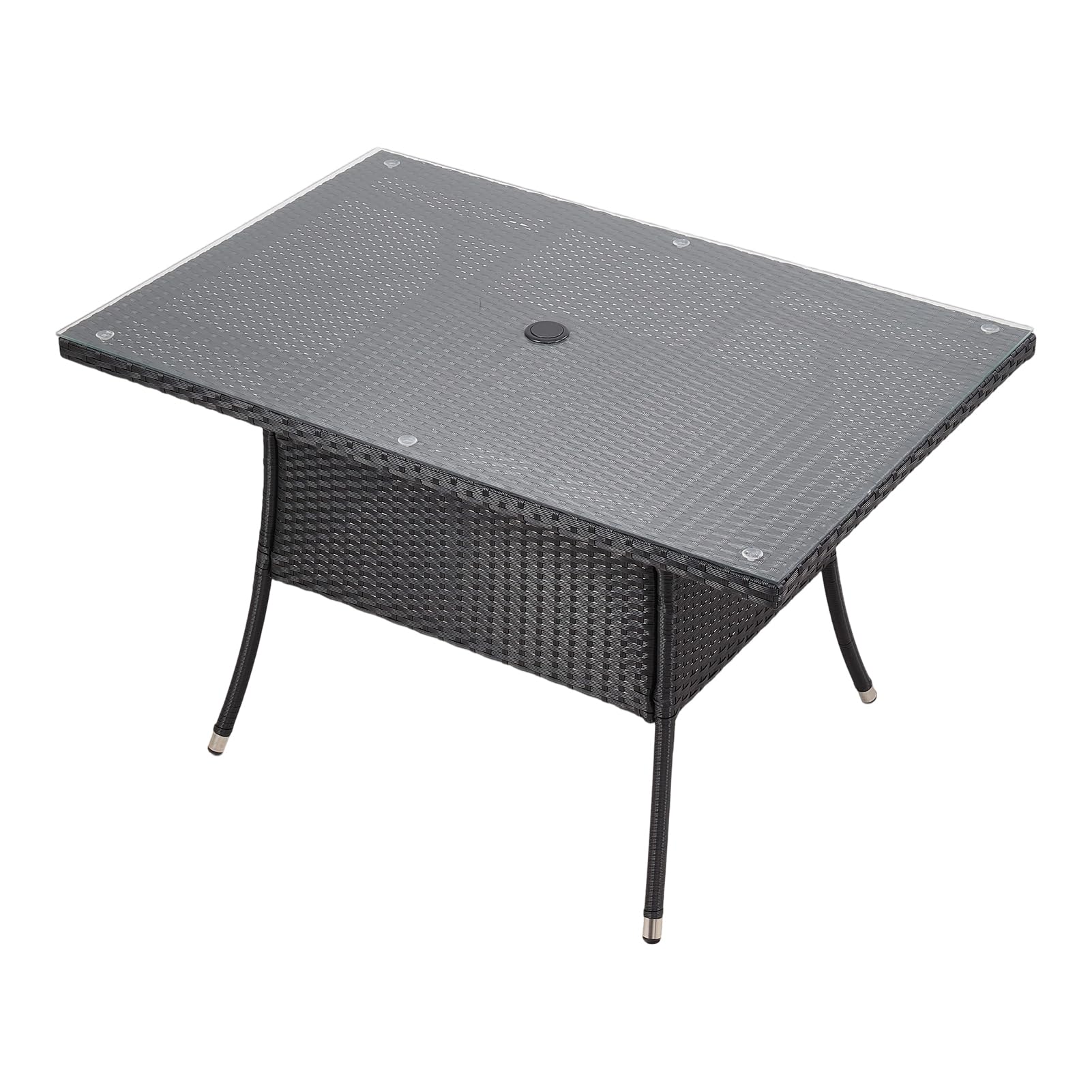 Warmiehomy Rattan Garden Table 150x90cm Outdoor Dining Table with Tempered Glass Tabletop Wicker Patio Tables with Parasol Hole Black Outdoor Side Tables โ image 1