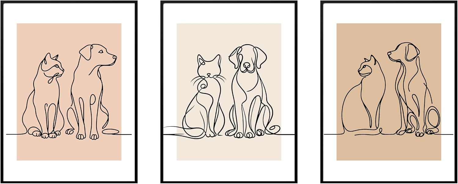 Celercrownv Line Art, Dog & Cat Painting Canvas, Set of 3, Minimalist Pet Wall Art, Animal Wall decor for Living Room, Bedroom, Bathroom, Unframed (12 × 16)