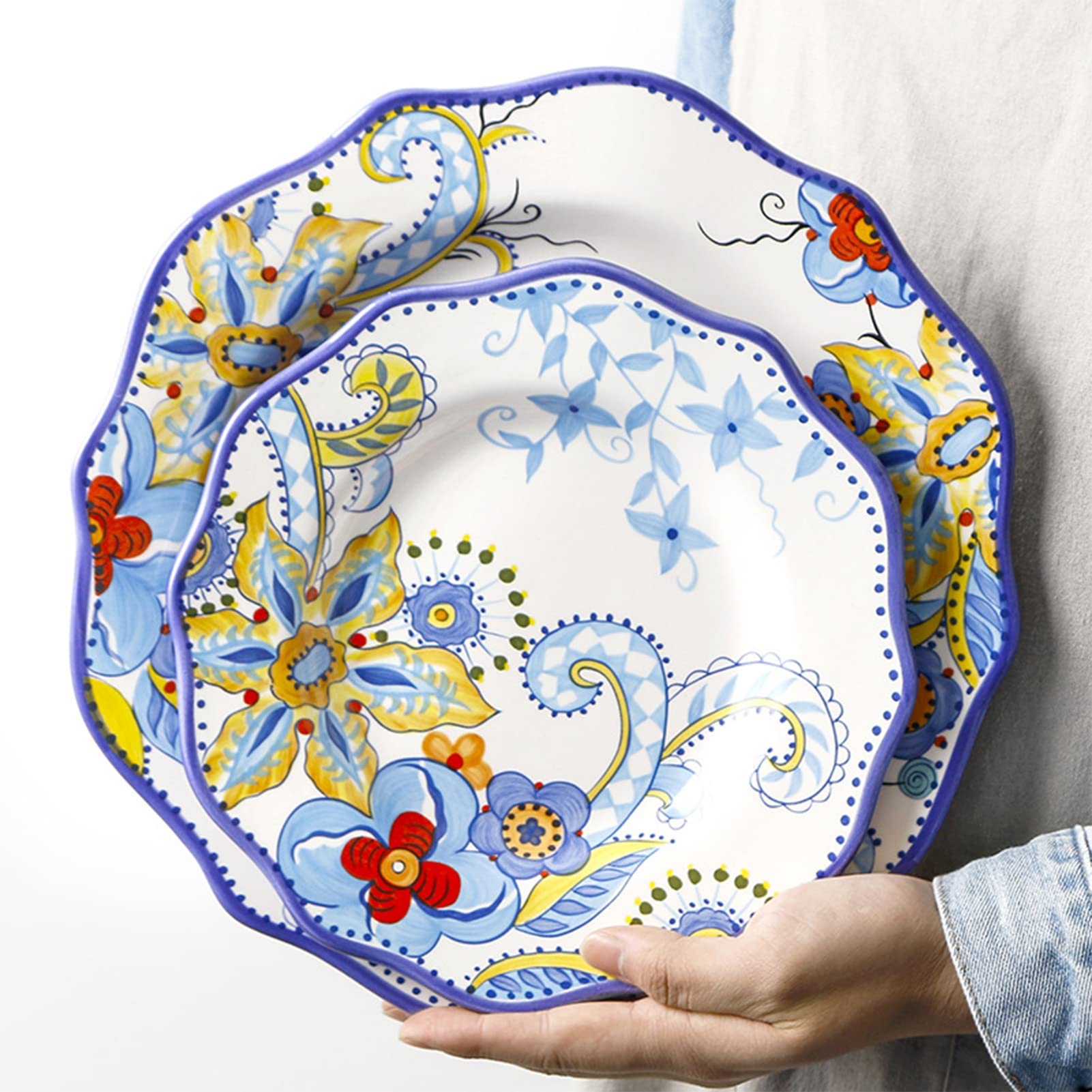 Kompletny i nowoczesny porcelanowy zestaw obiadowy dla 4 osób (16 sztuk) Talerze obiadowe, talerze deserowe, miski na płatki i kubki, zastawa stołowa z nieregularnymi krawędziami