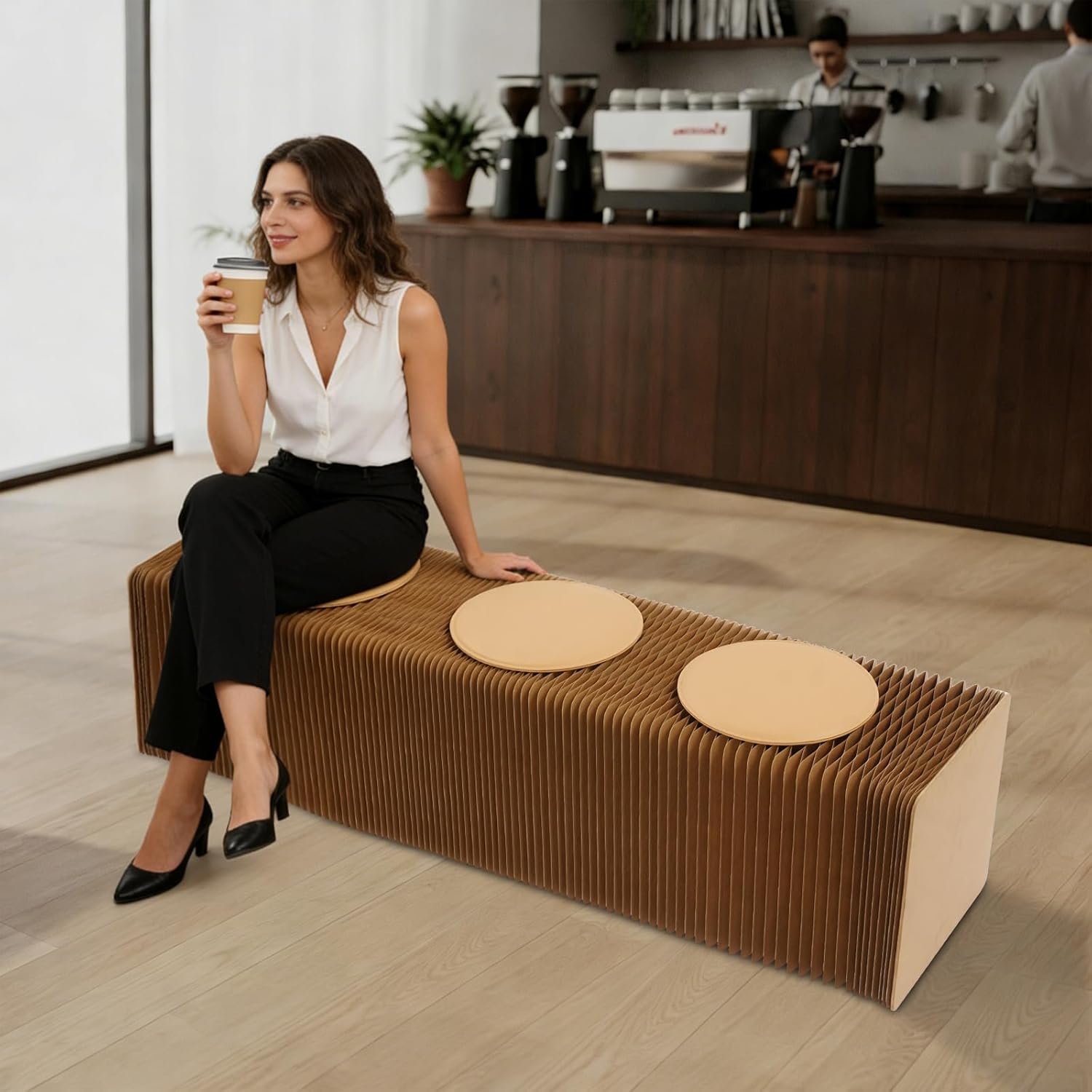 Folding Paper Stool with PU Cushion, Accordion Paper Stool Sofa Chair, Kraft Paper Scalable Folding Bench, Each Seat Hold 220lbs, for Home, Cafe, Exhibition, Shopping Mall (Brown, 3 Seats)