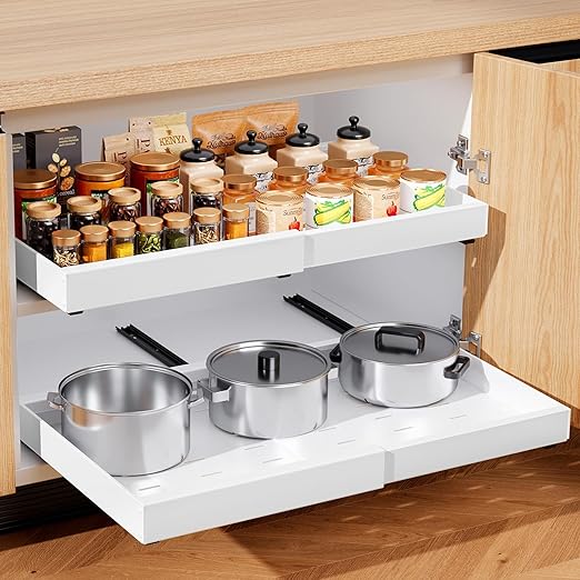 Pull Out Cabinet Organizer, 21" Deep, Expandable(12.6"-21.3"), Slide Out Drawers for Cabinets with Adhesive, Adjustable Roll Out Shelves for Kitchen Pantry (White-2 Pack, 21"D x 12.6"W x 2.76"H)