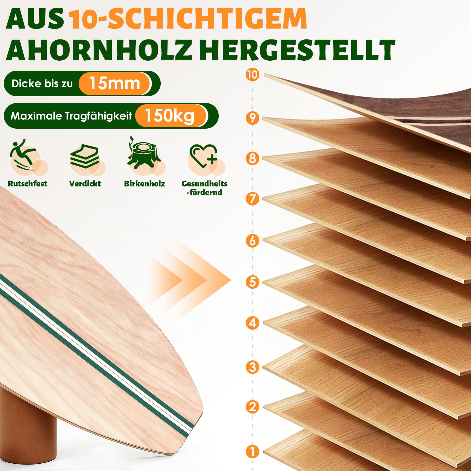 Tabla de equilibrio, tabla de equilibrio de madera para adultos con rodillo de corcho, semiesfera de corcho y pelota de goma, entrenador de equilibrio con tratamiento de superficie antideslizante