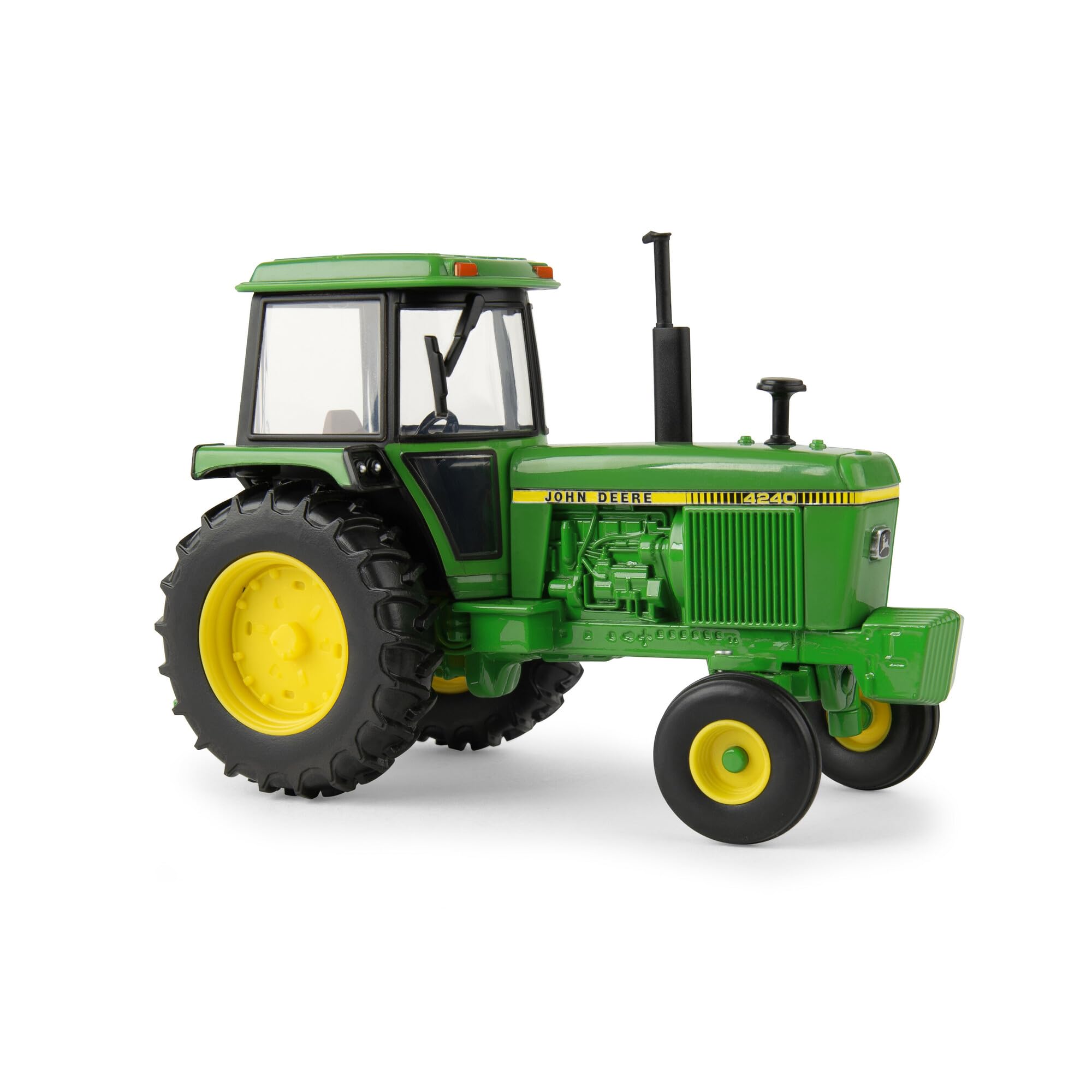 TOMY John Deere 4240 w skali 1:32, ciągnik rolniczy z napędem na 2 koła, obracana oś przednia, ciężar przedni i szczegółowe wnętrze kabiny