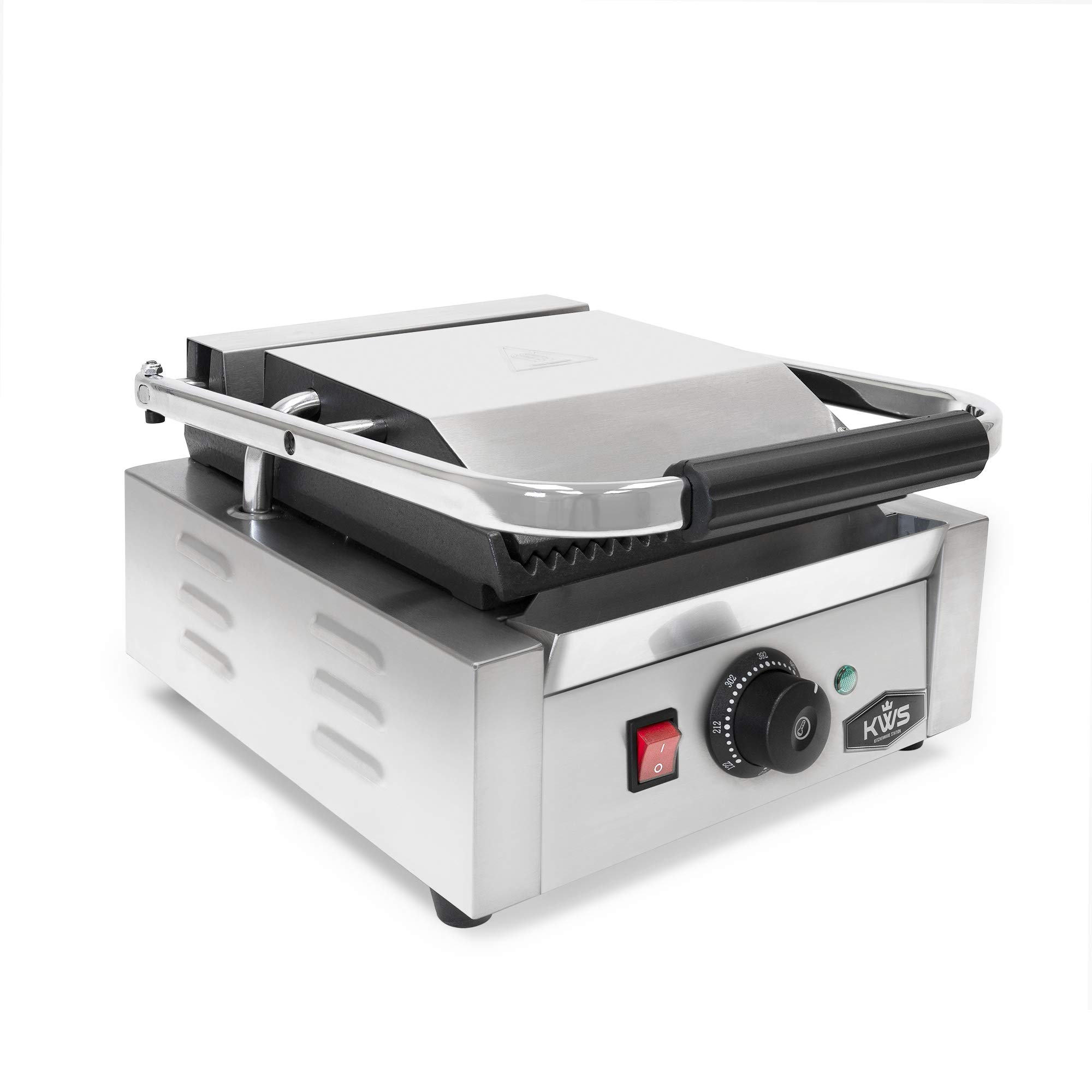 KWS PM-16 Premium - Parrilla eléctrica comercial de 110 V Panini de 1600 W con placas ranuradas, superficie de cocción de 9.25 x 8.8 pulgadas 2