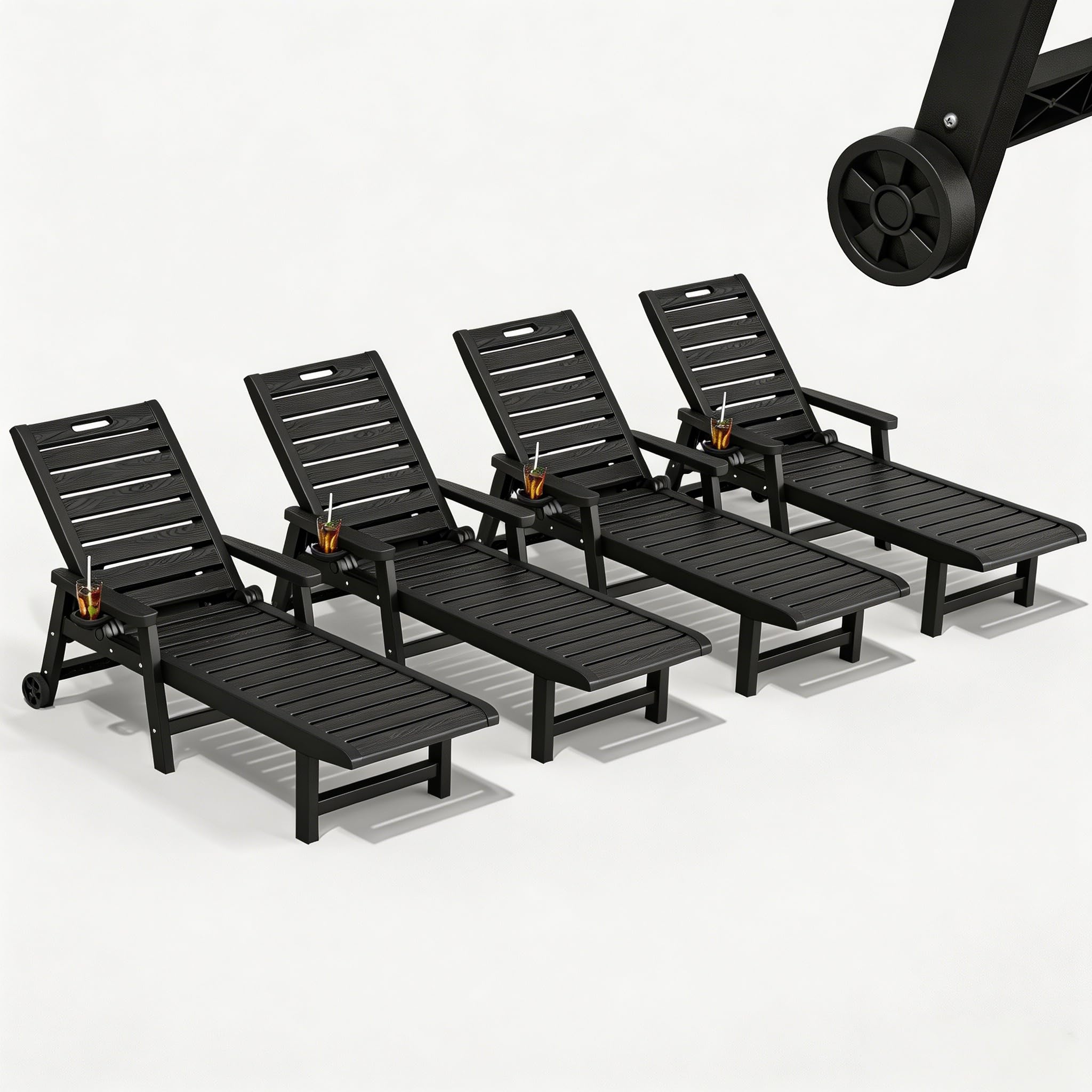 HDPE Outdoor Lounge Chair Set of 4 with Wheels &amp; Cup Holder, Black