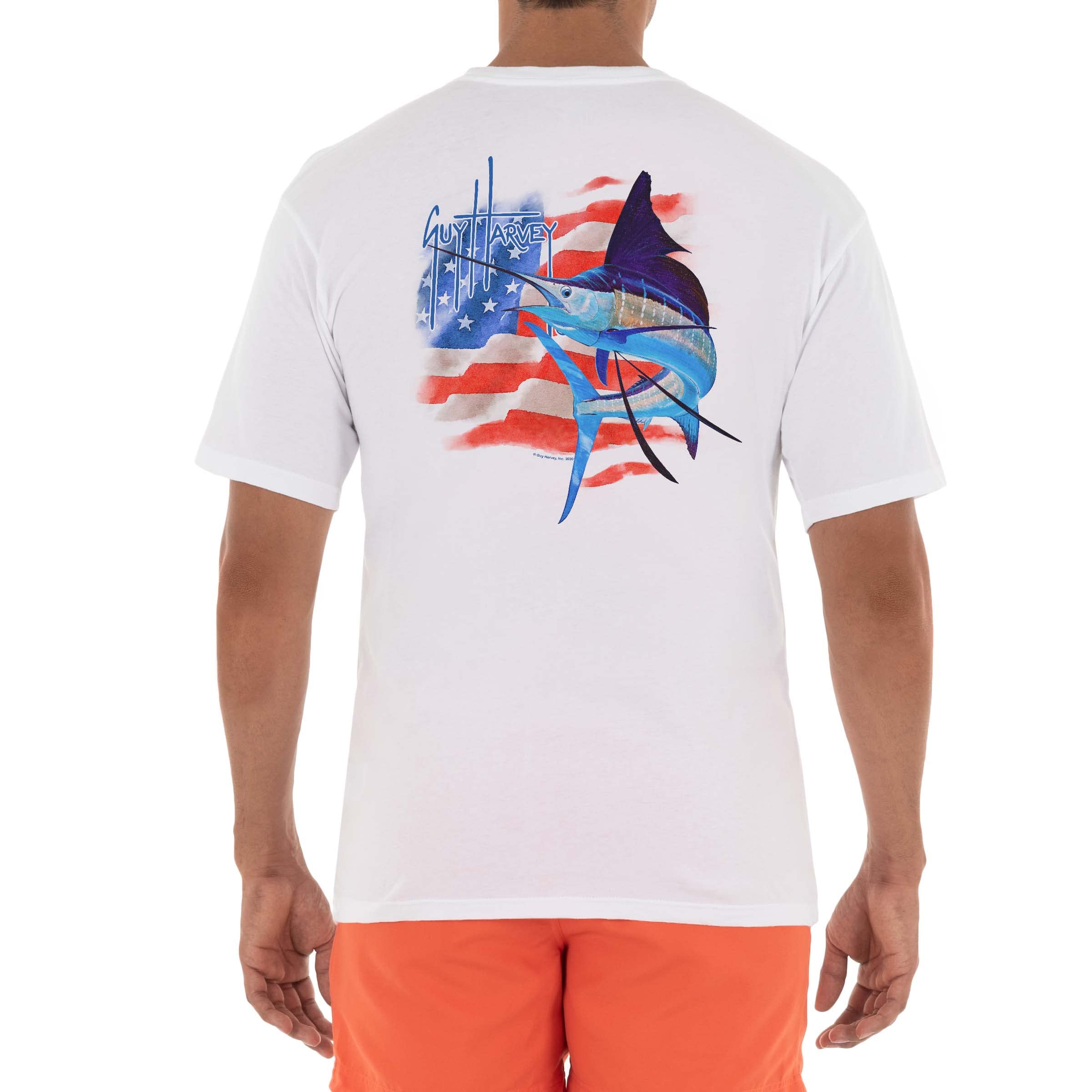 Guy Harvey Men's Floral Sail Short Sleeve Pocket T-Shirt, Bright White/Patriotic Turn, XXL