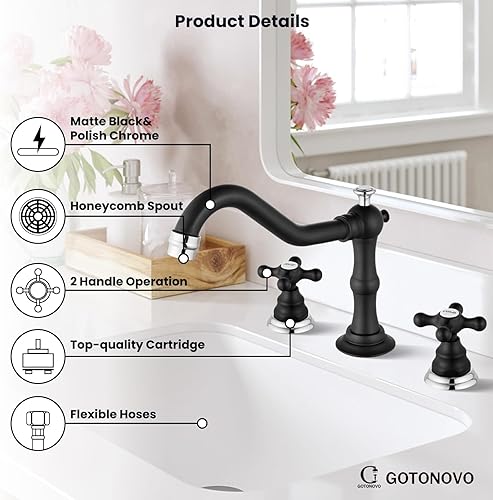 Miniatura 8 de gotonovo Grifo de lavabo de baño generalizado, negro mate y cromo pulido, 3 agujeros, dos manijas cruzadas, grifo mezclador de lavabo, montaje en