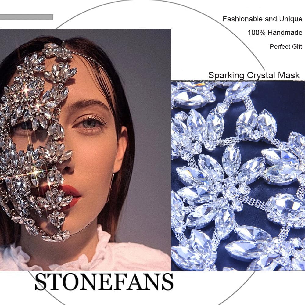 STONEFANS Rhinestone Masquerade Mask Full Face Jewelry for Women Mardi Gras Mask Crystal Face Chain Jewelry