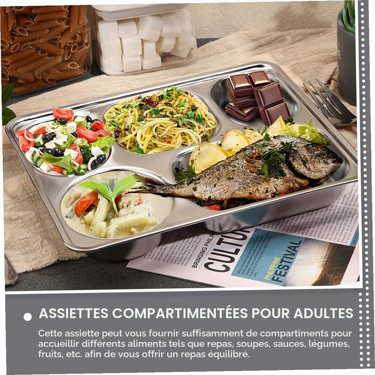 Hohopeti Plateau en Acier Inoxydable pour Enfants 3 Pièces à Compartiments, Stabilité et Résistance la Déformation pour Restaurants et Cafétérias