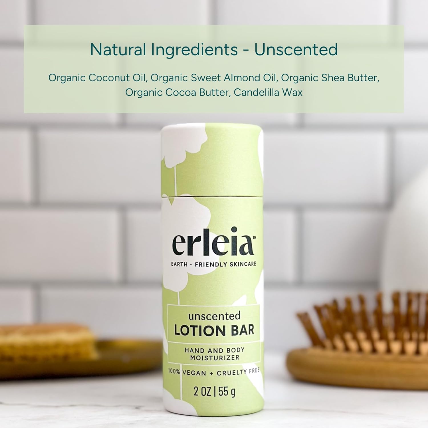Erleia Travel-Friendly Lotion Bar, Vegan Cruelty-Free Plastic-Free, Sustainably Sourced Ingredients, Solid Moisturizer for On-the-Go Skincare, Unscented