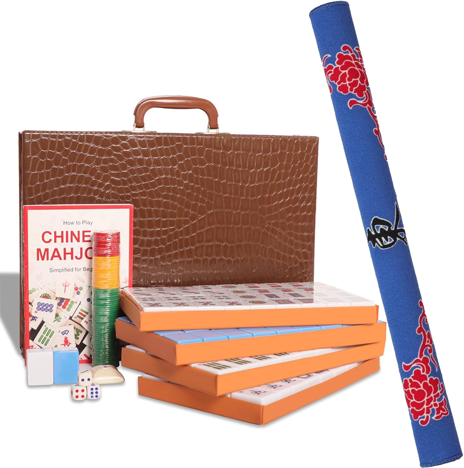 Chinese Mahjong Set, with X-Large (1.5") 144 Numbered Melamine Blue Tiles, 2 Spare Tiles, 6 Dice and a Wind Indicator, Carrying Travel Case with English Instruction, Mahjong Mat(Blue)