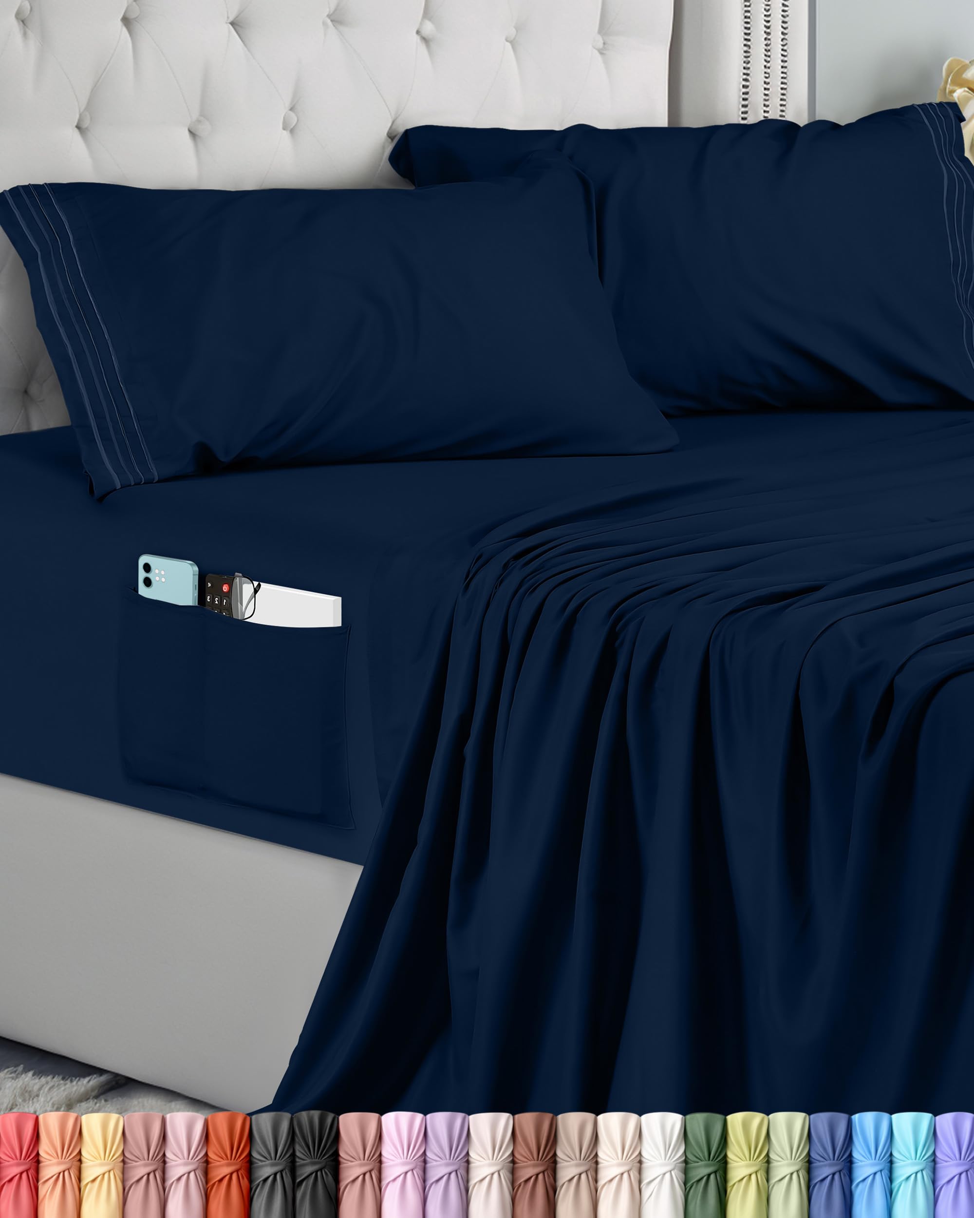 Utopia Bedding 4-Częściowy Haftowanych Zestaw Prześcieradeł 180x200 cm - Poliester Mikrofibra, Prześcieradło Dopasowane, Płaskie Prześcieradło I 2 Haftowane Poszewki Na Poduszki, Granatowy