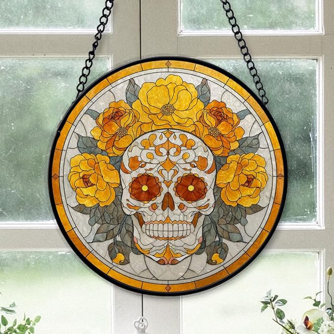 Sugar Skull and Marigolds Stained Glass Suncatcher Window Hanging, Christmas 2025 Gift, Colorful Glass Art Decor for Home, Gift for Family, Friends, Men & Women r7Zn33