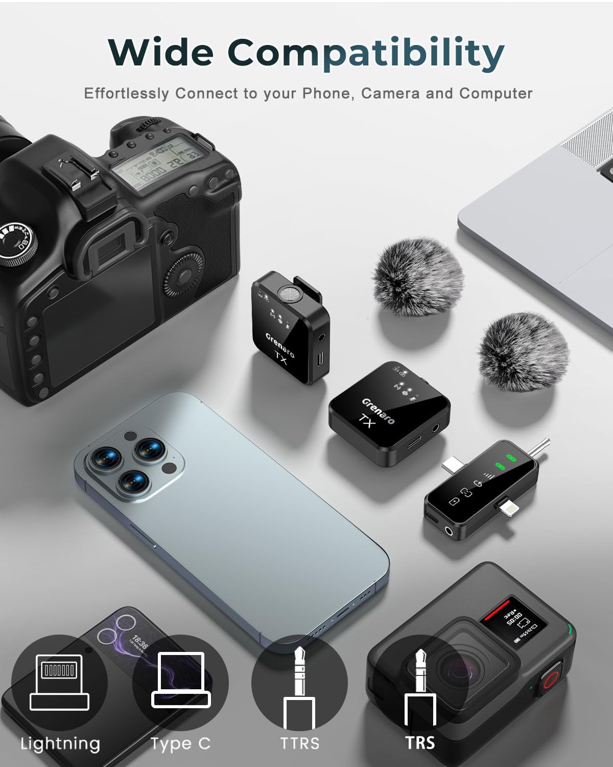 GRENARO 3-in-1 mic for YouTube Wireless for iPhone/Android/Camera - Microphone for Recording with LED Display, 164ft Range, Mute/Reverb/Noise Reduction for YouTube, Live Streaming, Vlogging - Image 7 thumbnail