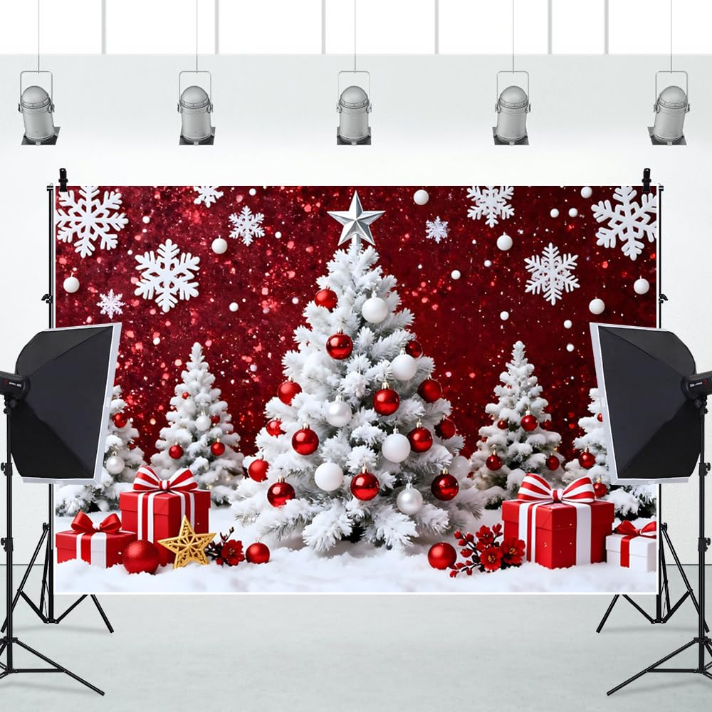 Sfondo per feste di Natale e Capodanno per servizi fotografici 3.5x2.5m | Sfondo fotografico con albero di Natale bianco e fiocchi di neve, decorazione per feste, striscione, accessorio per foto