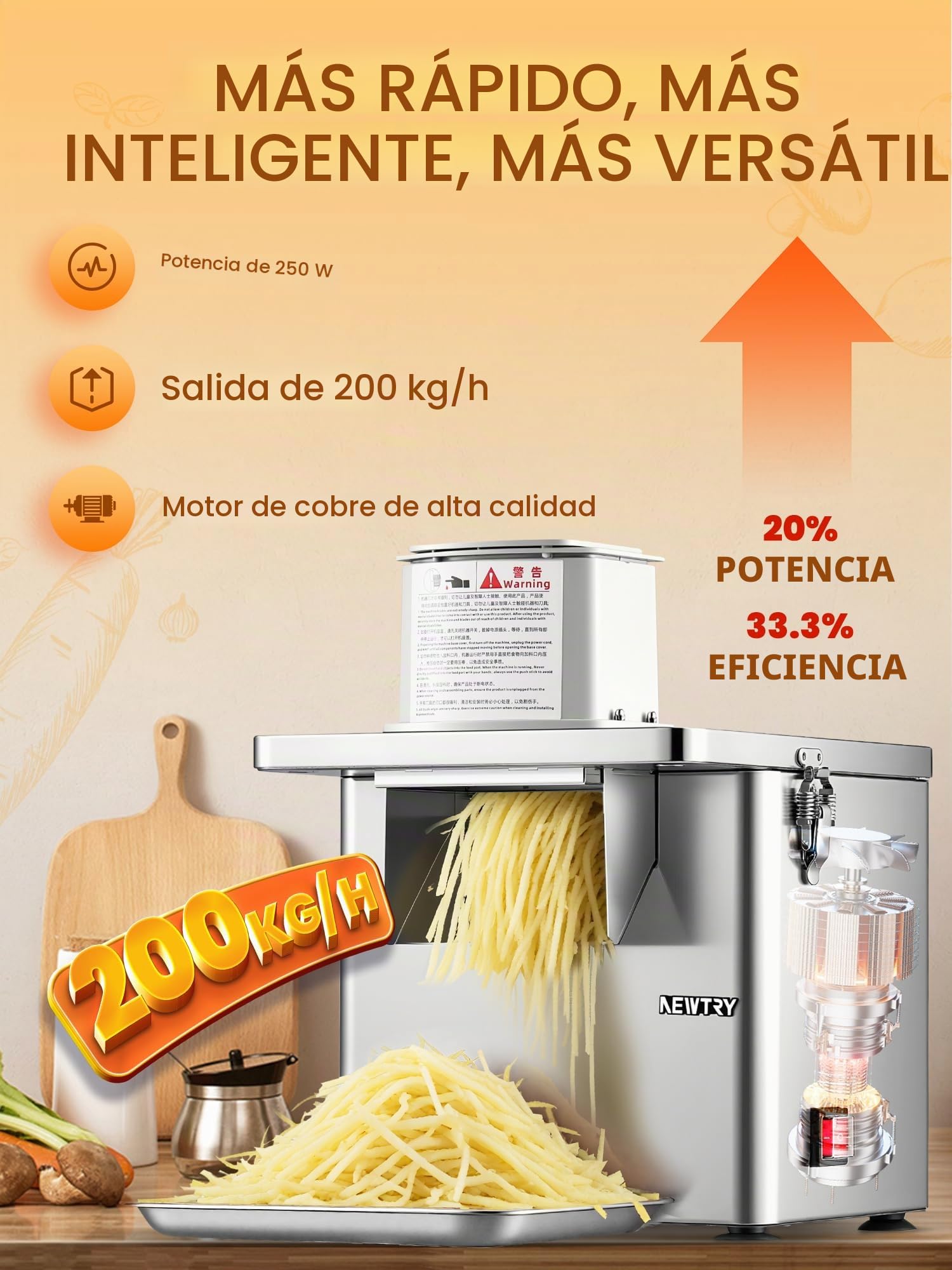 NEWTRY Cortadora verduras eléctrica 4-en-1 250W 200kg/h Gastro Acero | Corte en dados, rallador, rebanada, tiras, motor potente, alta eficiencia, duradero, robusto, para restaurantes, cantinas