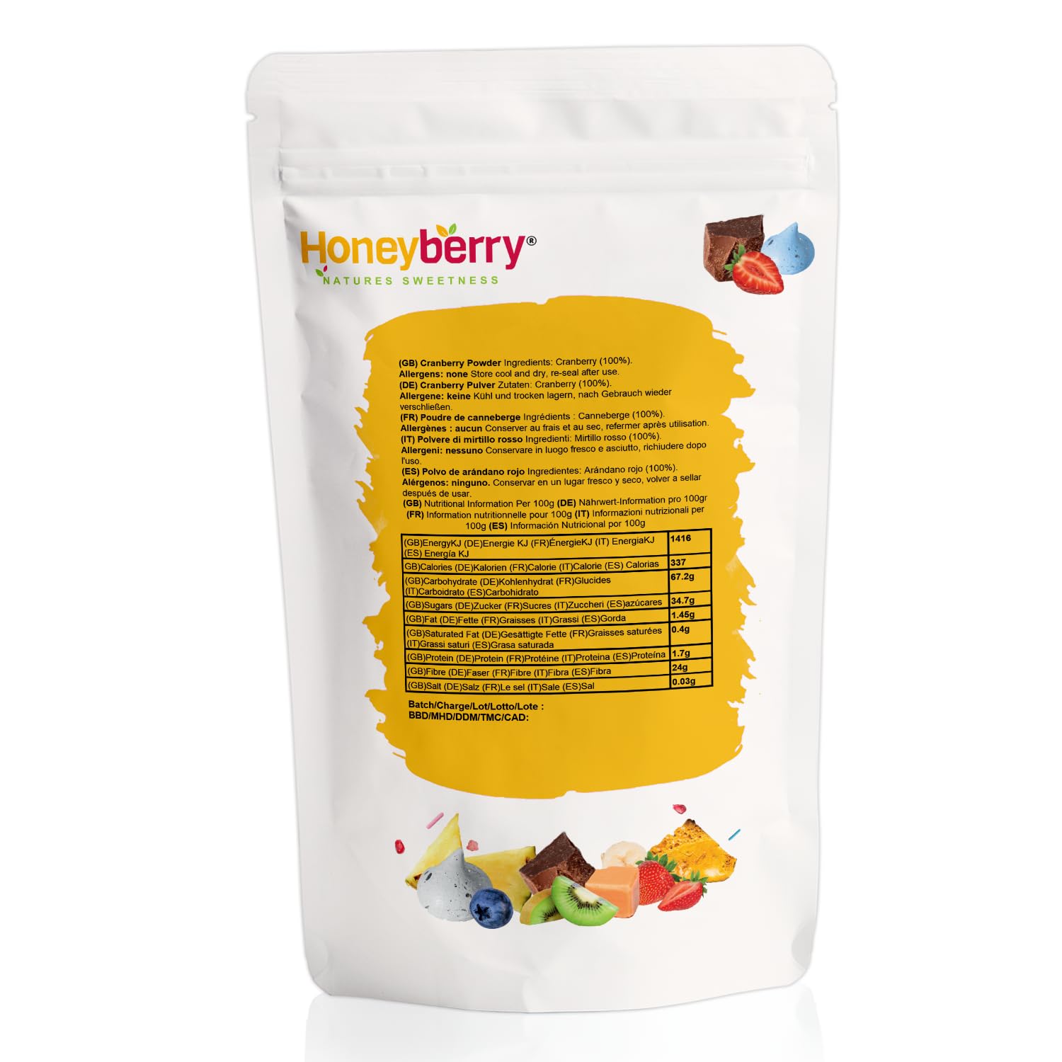 Polvo de Arándano Rojo Liofilizado 250g — Cranberry en Polvo — Fruta Liofilizada en Polvo sin Azúcar — Colorante Natural Rojo — Para Repostería, Batidos, Yogur, Muesli y Postres