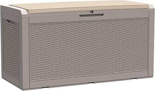 Miniatura 9 de Modern-Depo Caja de cubierta de 100 galones, impermeable, banco de almacenamiento para exteriores, resina, herramientas de jardín, toallas de