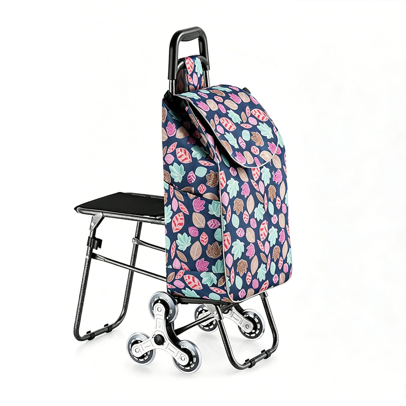JYHCD Foldable Shopping Trolley with Attached Seat, 6-Wheel Stair Climbing Design for Grocery Transport, Portable Pull Cart for Household Shopping with Large Capacity Storage Bag,A