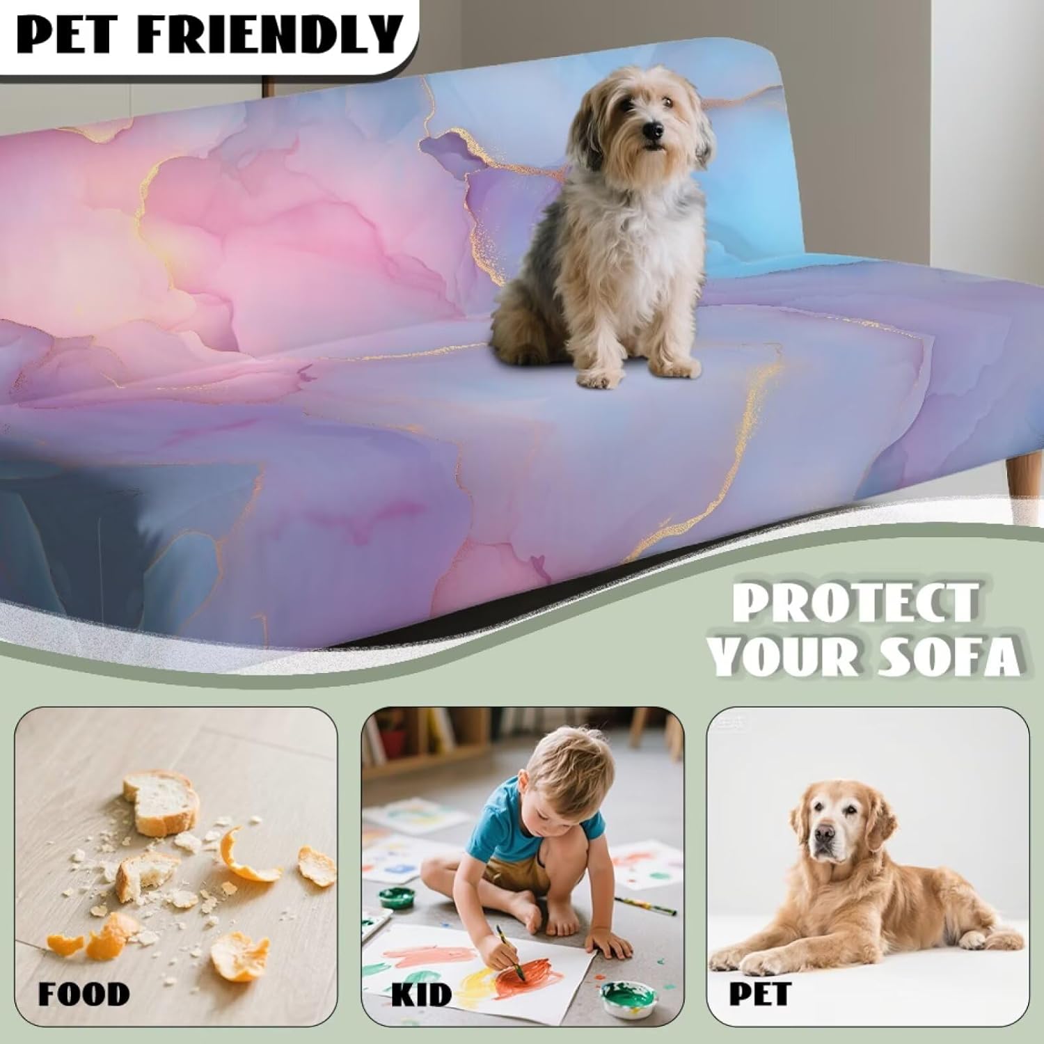Futon Cover Washable Stretch Armless Sofa Cover Futon Slipcover Without Armrests Stain-Resistant Furniture Protector for Folding Sofa Bed Decor, Marble Blue Pink Violet Gold