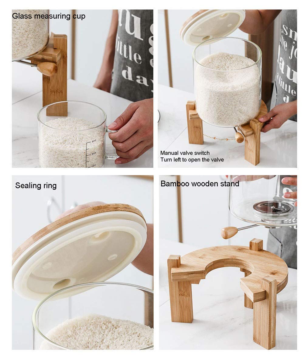 Vorratsdosen Glas Luftdicht 5L, Vorratsbehälter Set Küche, Müslispender, Behälter für Müsli Cornflakes Spender mit Deckel, Frischhaltedosen mit Holzständer