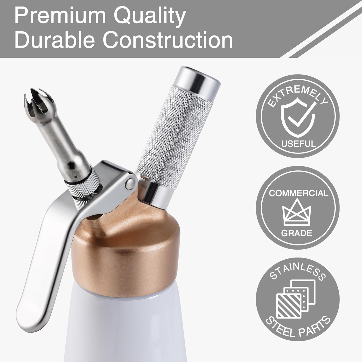 Professional Whipped Cream Dispenser, 500ml Aluminum Alloy Whip Cream Whipper Canister Gold Top & 6 Decorating Tips, for Homemade Whipping Cream (White)