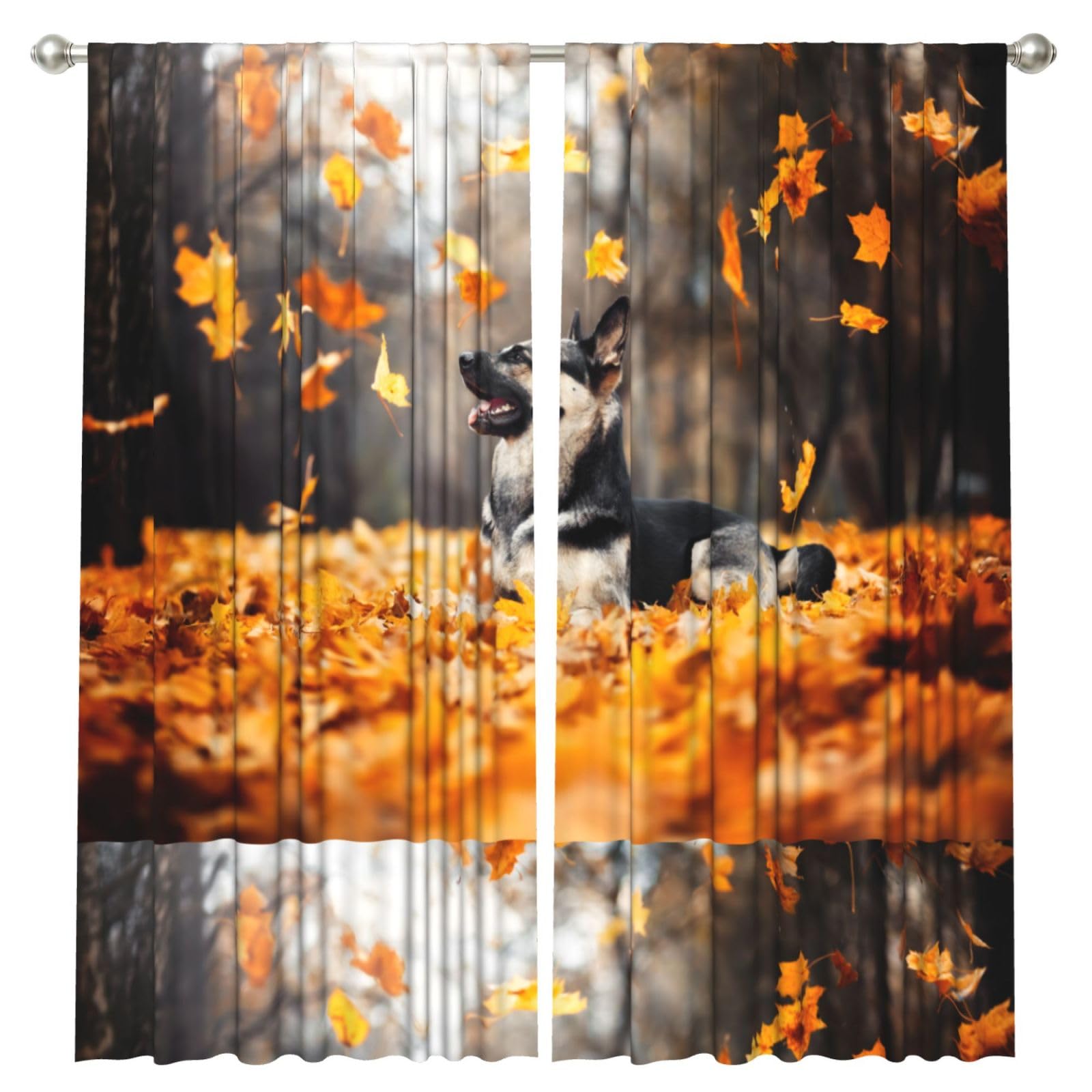 InOmak German Shepherd And Falling Leaves, 2 Panels Window Curtains 52 x 84 Inch Blackout Curtains for Living Room Bedroom