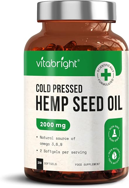 Hemp Seed Oil Capsules  2000mg per Serving - 210 Softgel Capsules  High Strength  Natural Source of Omega 3-6-9  Pure, Cold Pressed  GMO and Gluten Free  Made by VitaBright