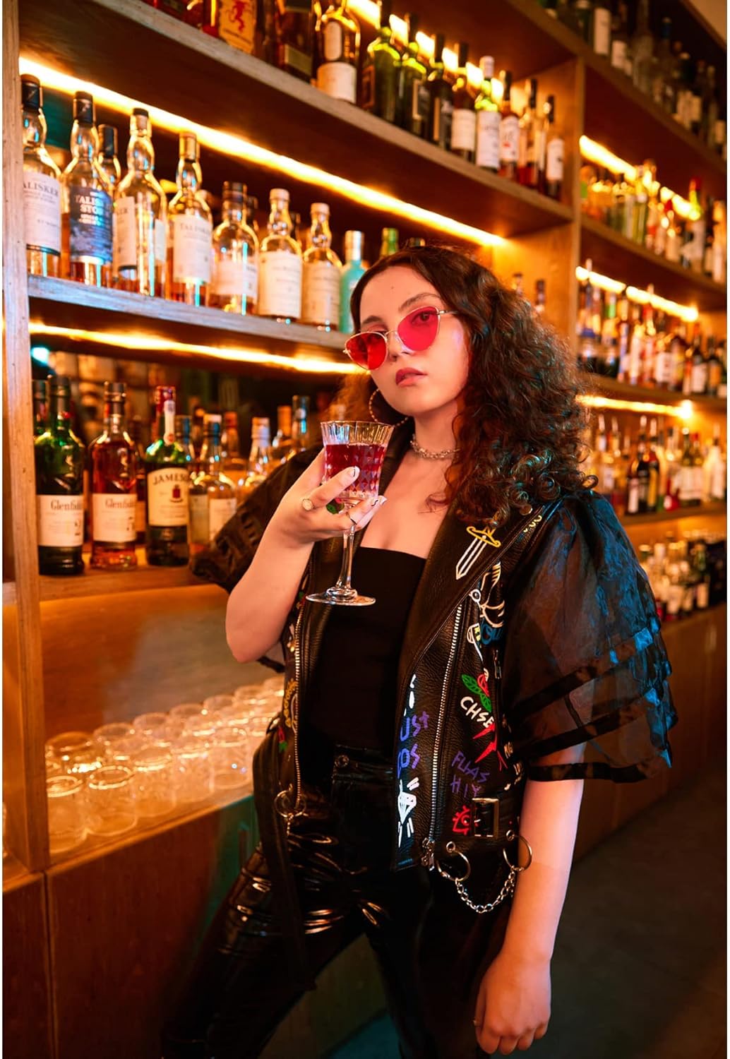 DARKSHE Women's Faux Leather PU Jacket, Graffiti Studded Rivet Punk Biker Moto Fashion Coat with Long Sleeve - Image 3