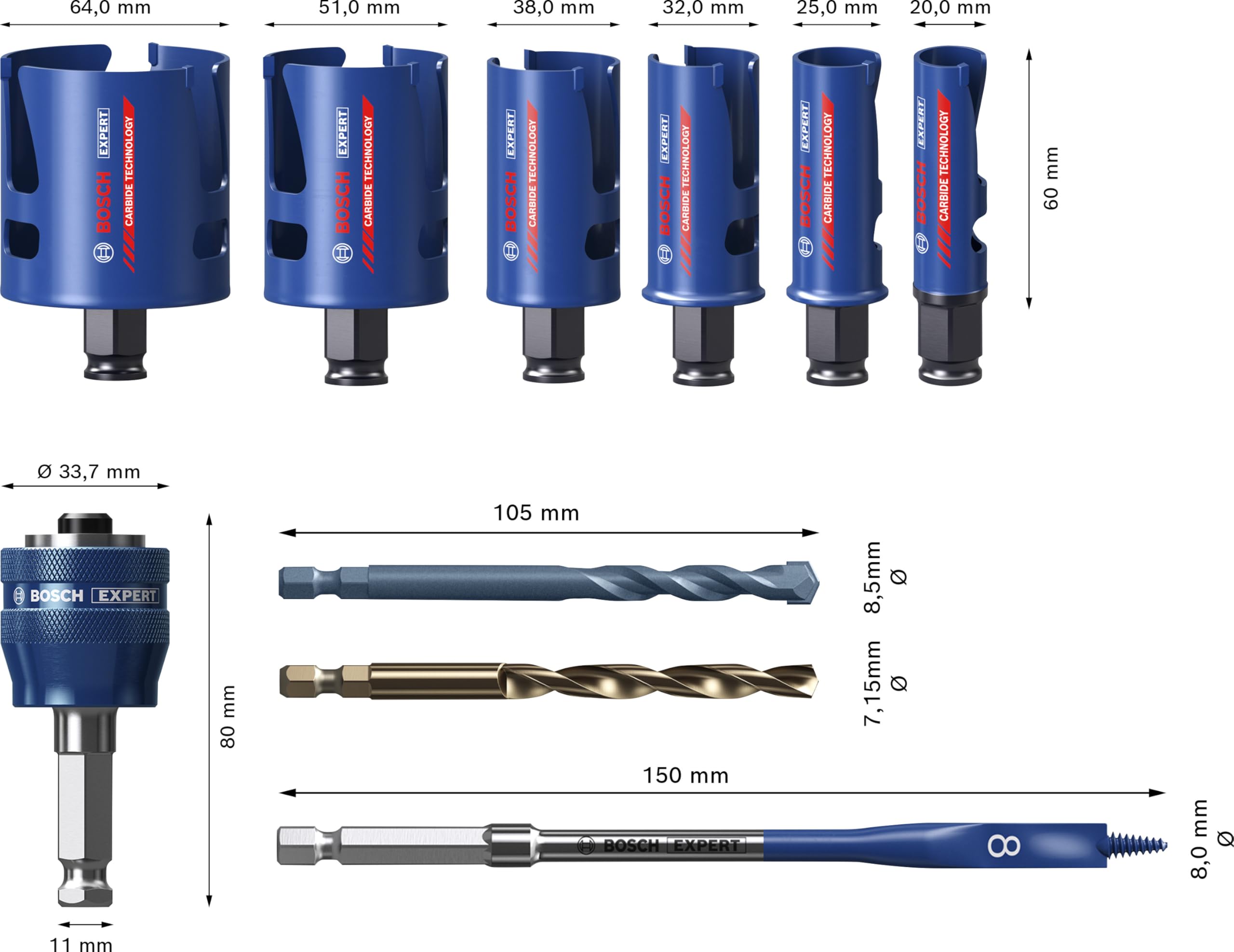 Bosch 10x Zestaw uniwersalnych otwornic EXPERT Construction Material PC Plus (do Miękkie drewno, Płyta wiórowa, Ø 20, 25, 32, 38, 51, 64 mm, Professional Akcesoria Wiertarki)