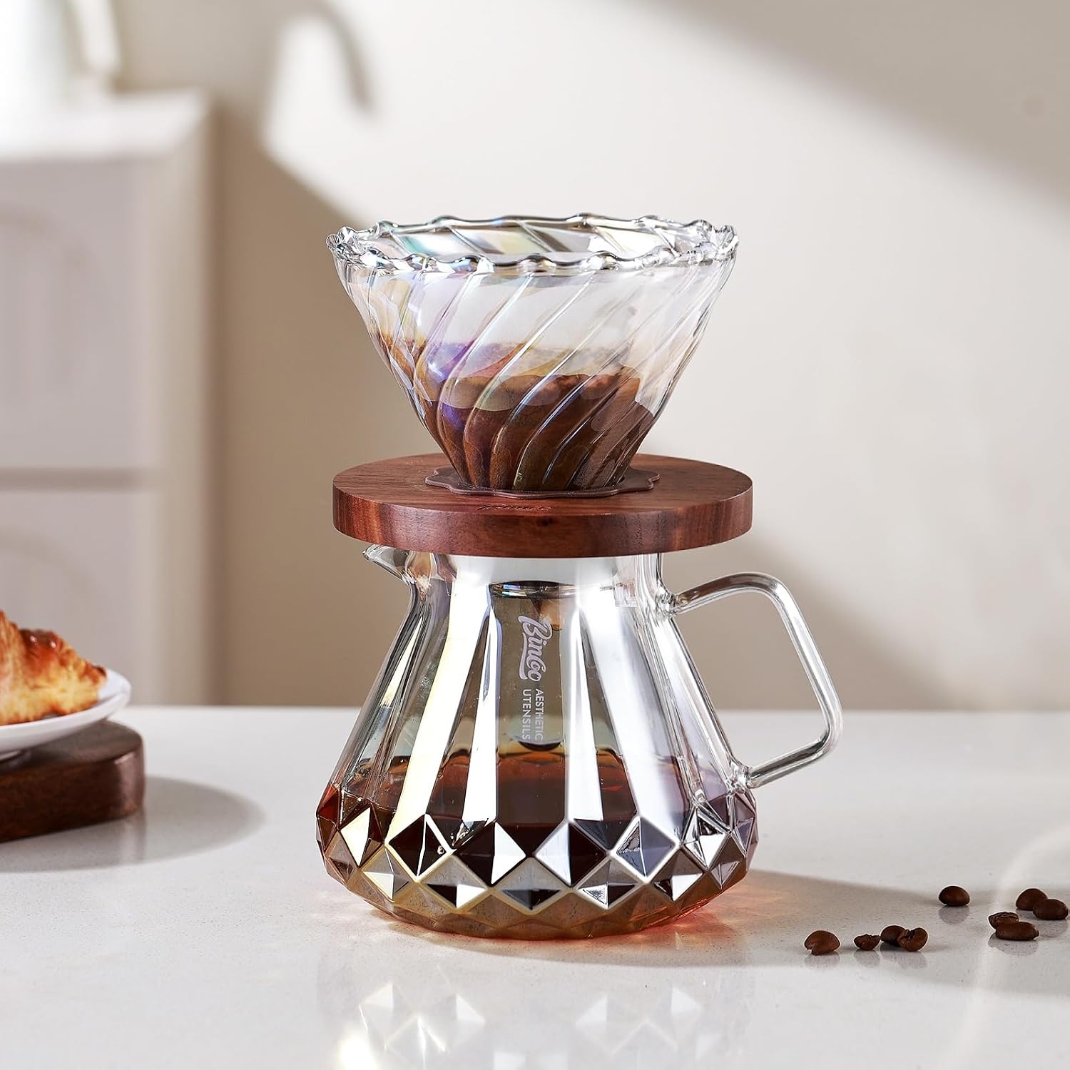Bincoo Pour Over Coffee Maker&Dripper, Style Cone Filter + 600ml Glass Coffee Server, Manual Coffee Brewer Set, Reusable Coffee Filter Holder, Great Gift for Coffee Enthusiasts（Colorful）