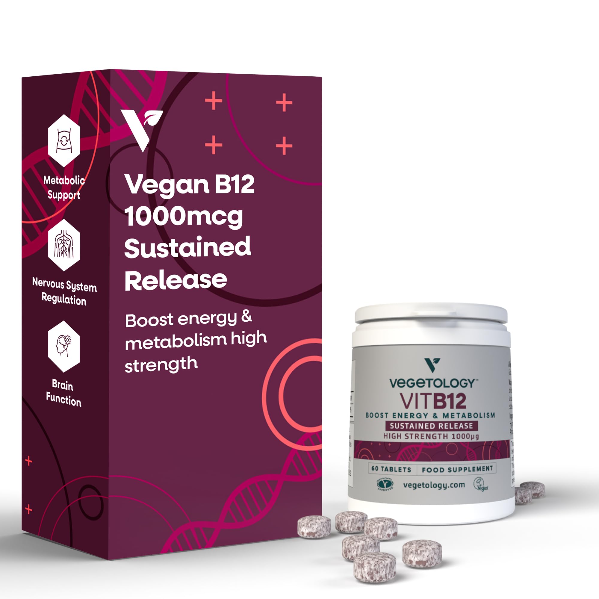 Vegetology Vegan Vitamin B12 1000 mcg - Sustained Release Tablets - Supports Normal Energy Metabolism & Nervous System Function - 60 Vegan Tablets, Made in The UK