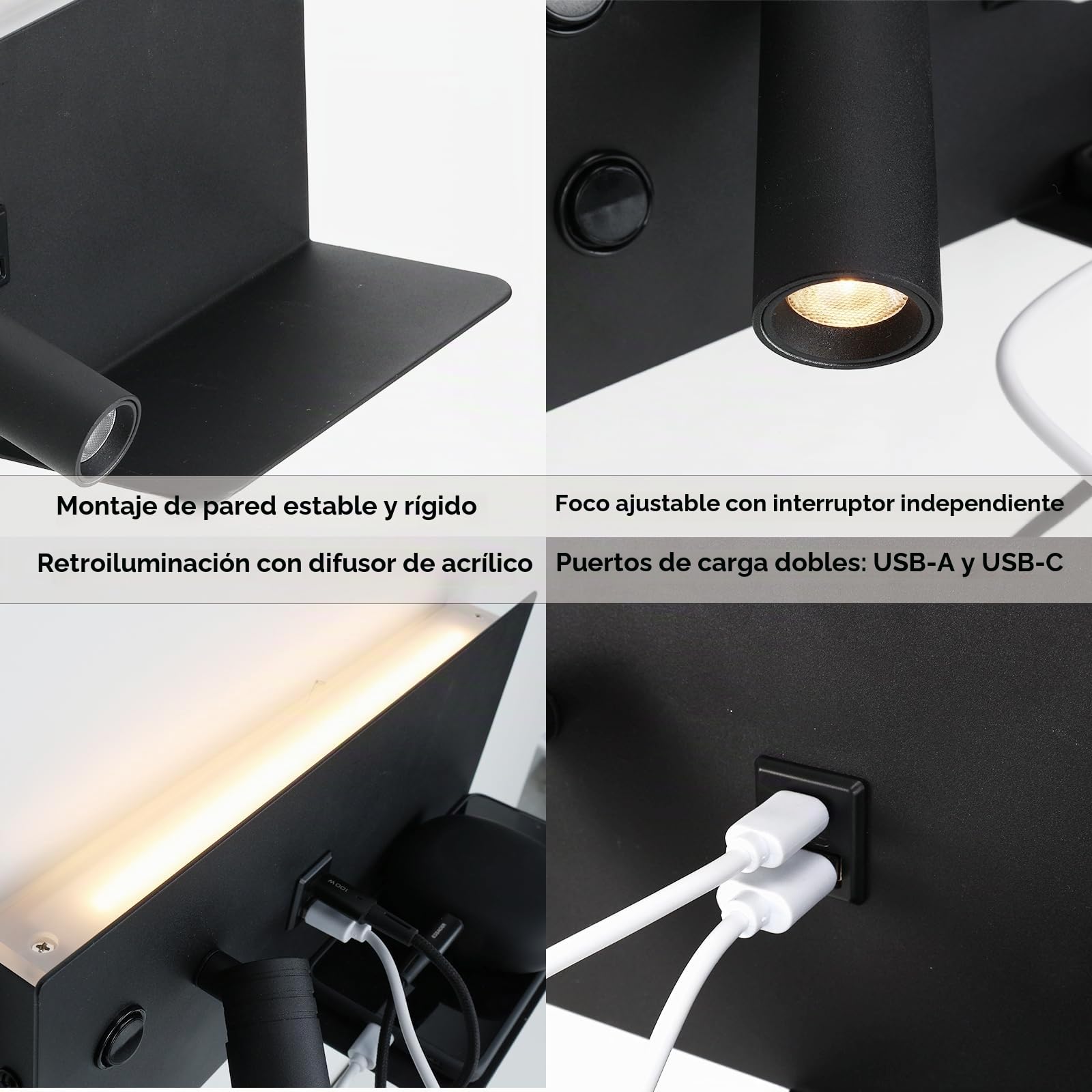 Alpinaluz Aplique de Pared Negro Mate con Foco LED Izquierdo, Luz Cálida 2700K, Puertos USB-C y USB-A, Interruptores Independientes y Repisa Metálica para Móvil