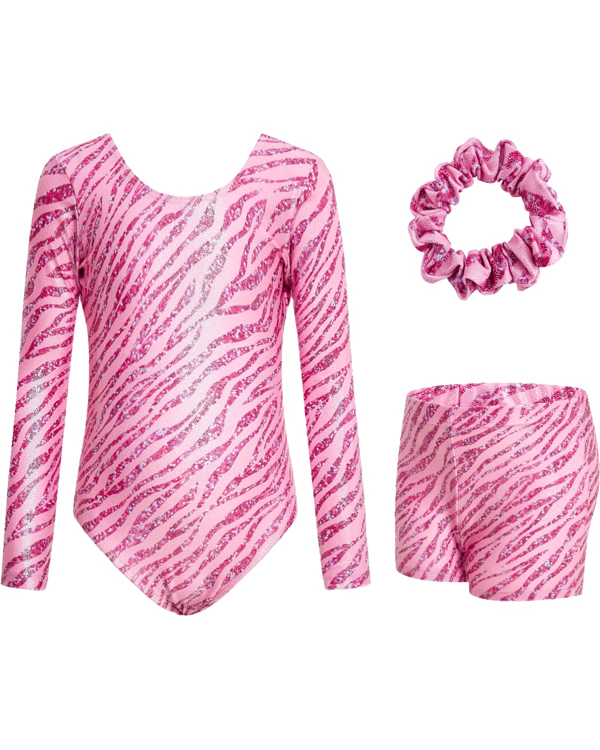 JiAmy Girls' Gymnastics Leotard Gymnastics Shorts Headband Set Leotard Set for 3-12 Years, Pink Zebra, 3-4 Jahre-picture-23