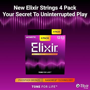 Elixir Strings, Acoustic Guitar Strings, Phosphor Bronze with NANOWEB Technology, Longest-Lasting Rich Tone with Comfortable Feel, 4 Pack, Light 12-53