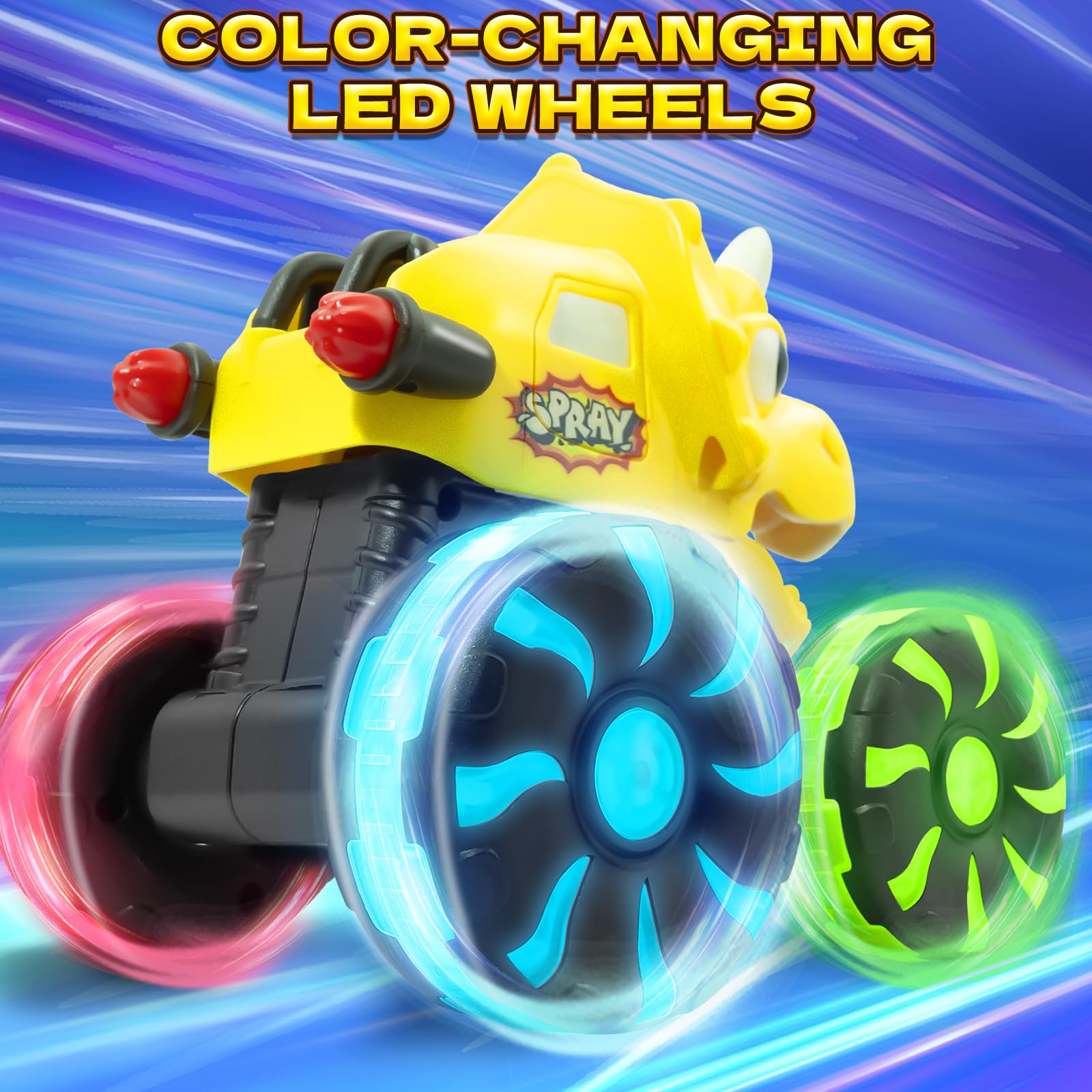 Yellow Triceratops Dino Monster Truck - LED Wheels -2 Yellow Triceratops Dino Monster Truck - LED Wheels -2