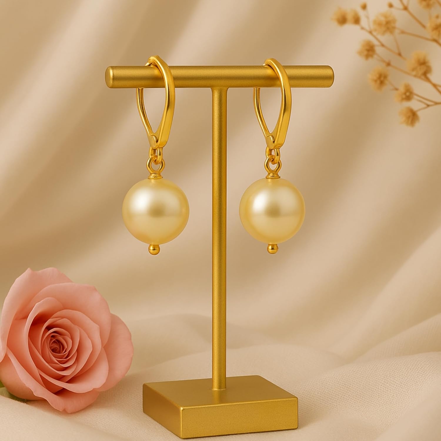 10mm Shell Pearl Drop Earrings for Women – 925 Sterling Silver & 14K Gold Plated Leverback Dangle Earrings, Handmade Minimalist Bridal Wedding Jewelry Gift for Her - Image 4