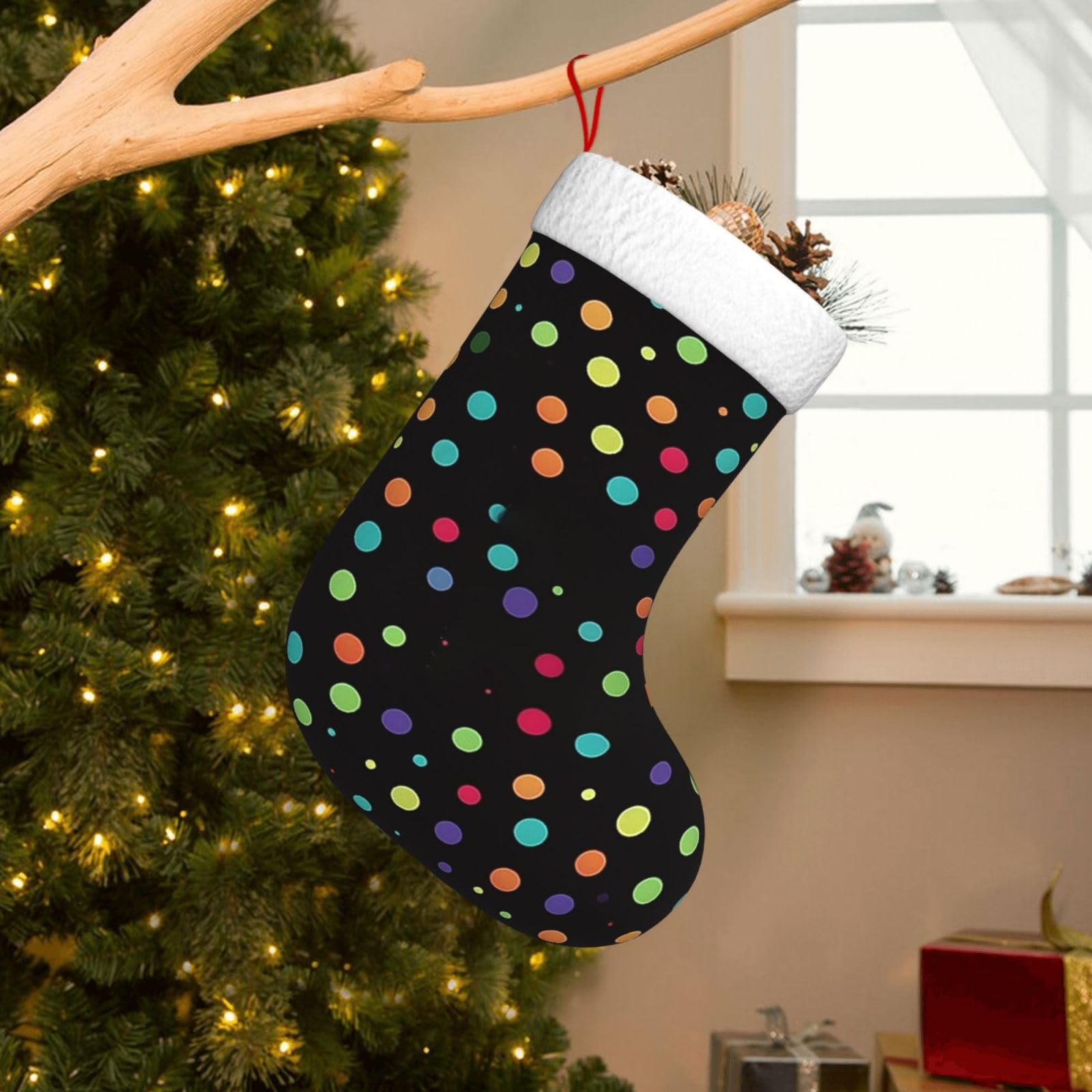 Velvet Christmas Stockings 17.7 Inch, Black Polka Dot Background Xmas Stocking with Soft Cuff,Classic Personalized Christmas Tree Decoration for Family Holiday New Year Party Supplies