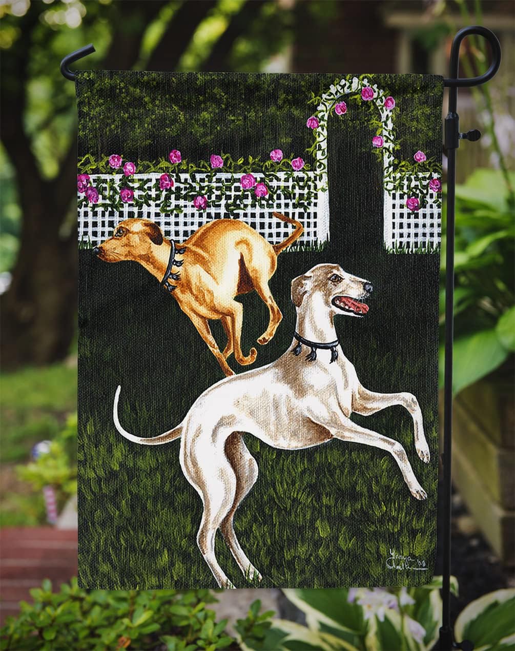 Caroline's Treasures AMB1354GF Rose Garden Frolick Greyhounds Garden Flag Mailbox Flag Decorative Yard Flag Banner Outside Patio Artwork Yard Flower Beds, Garden Size, Multicolor