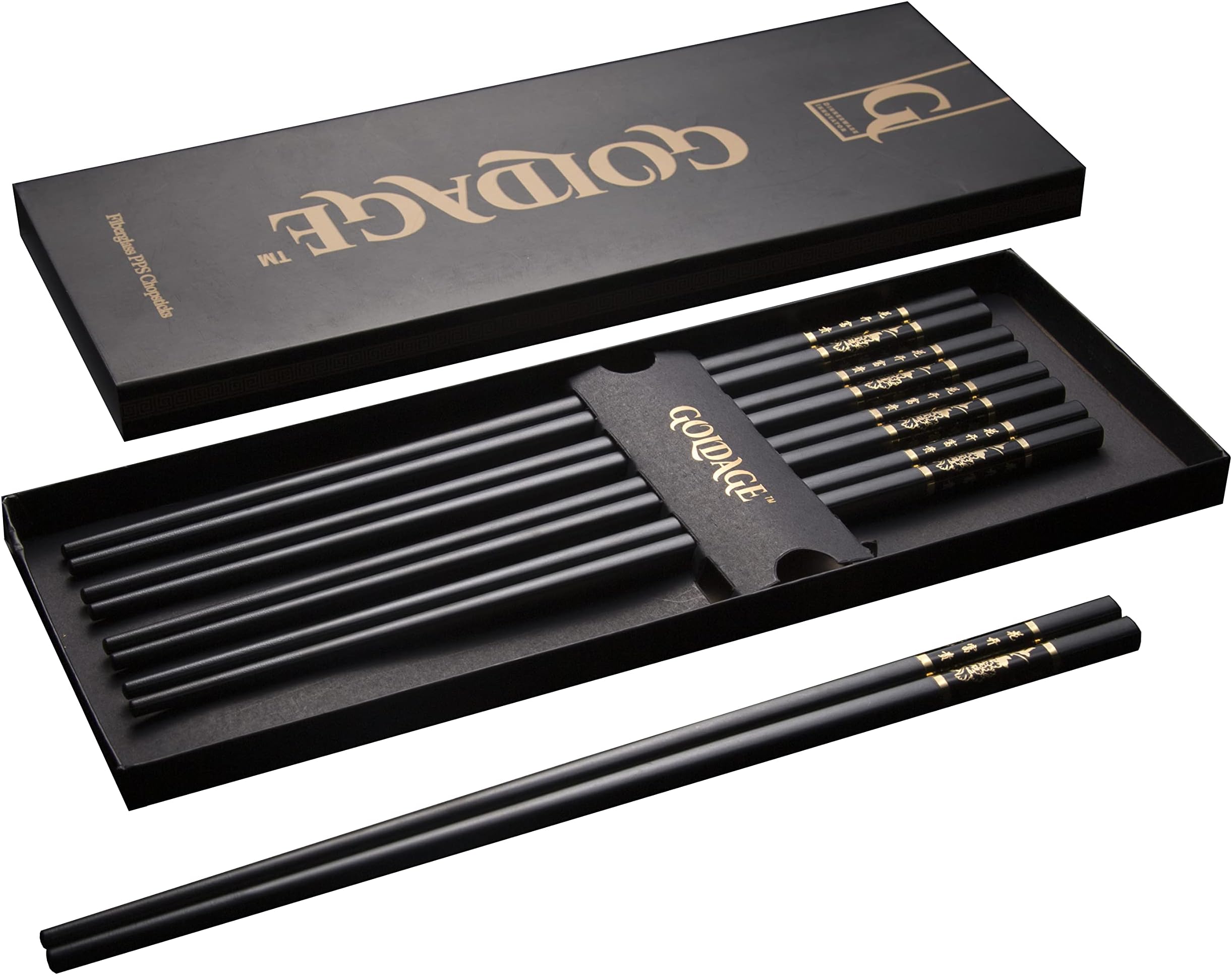 Goldage 5-Pairs Fiberglass Dishwasher-Safe Chopsticks (Blossom of Richness - Gold & Black)