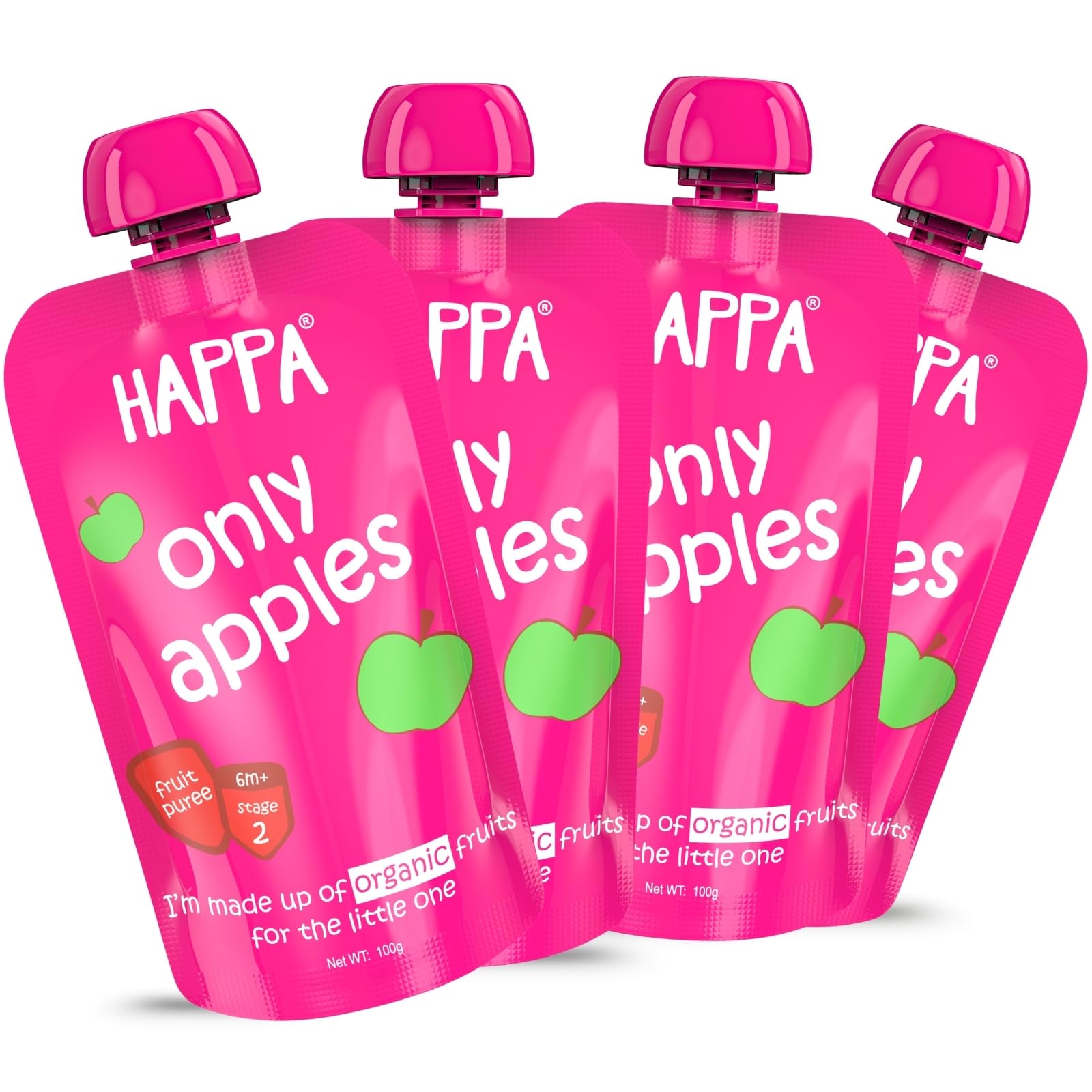 Happa Organic Baby Food Apple Puree | 100% Fruits | No Added Sugar, No Milk Powder, No Preservatives | Stage 2 (6 Months+) | Ready to Eat | Free from Common Allergens | Pack of 4 (100g Each)