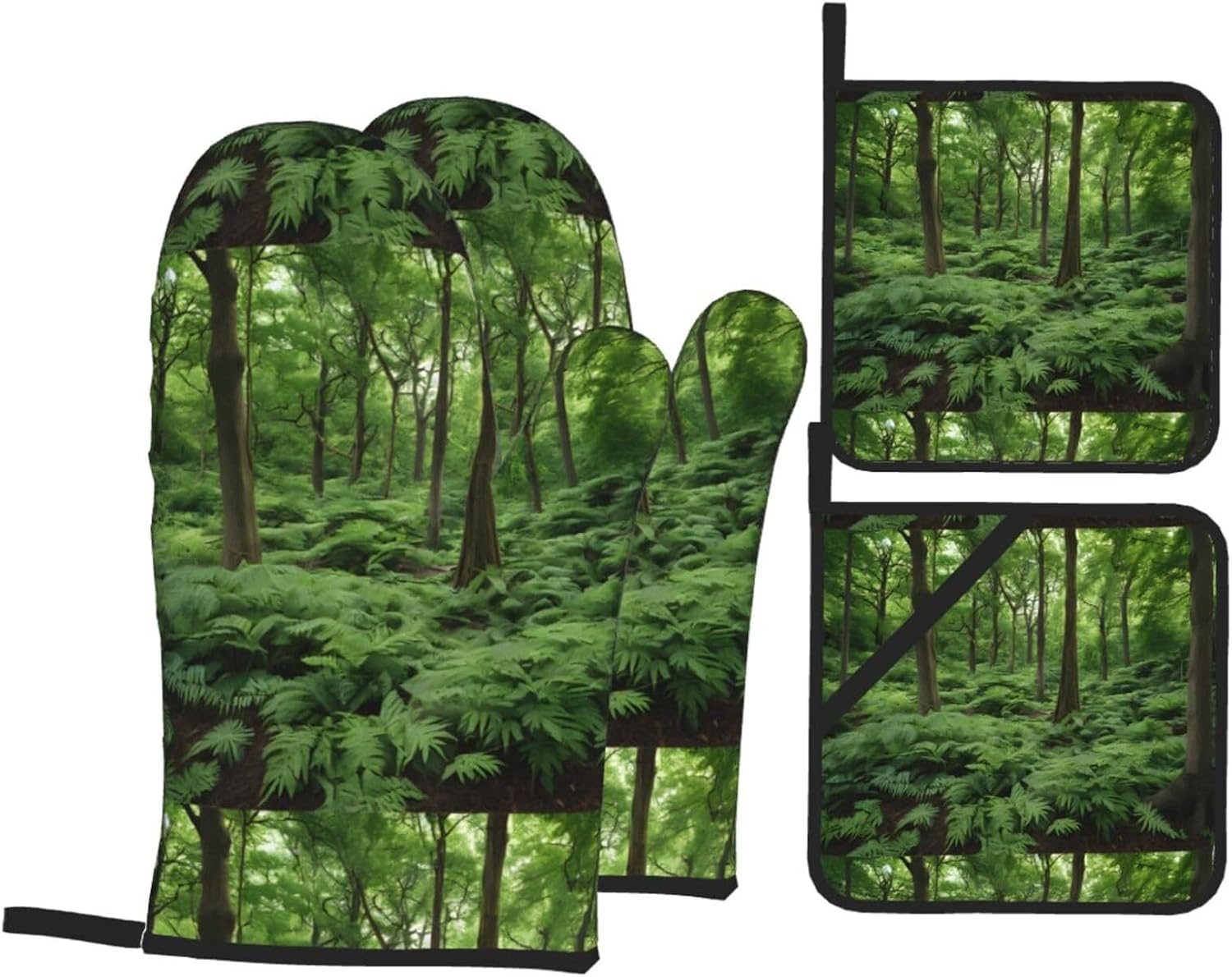 (Tropical Rainforest) Baking 4-Piece Set: 2 Oven Mitts and 2 Pot Holders Heat Resistant Waterproof Hanging Loop for Kitchen Oven Grill Housewarming Gifts