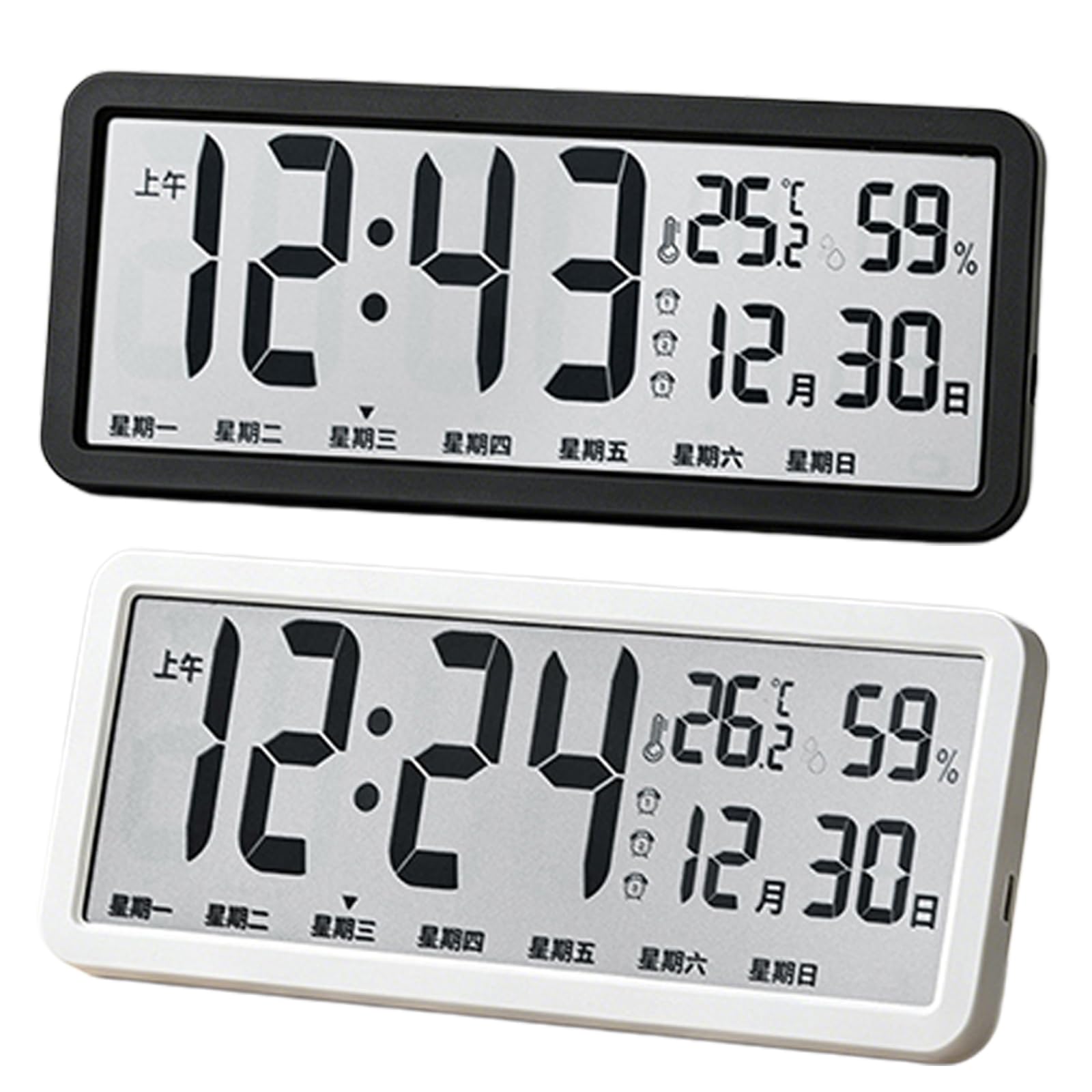 Horloge numérique à grand écran avec heure, date, température et humidité, alimentée par batterie, pour la maison, la chambre à coucher, horloge murale électrique, réveil numérique LED, affichage du